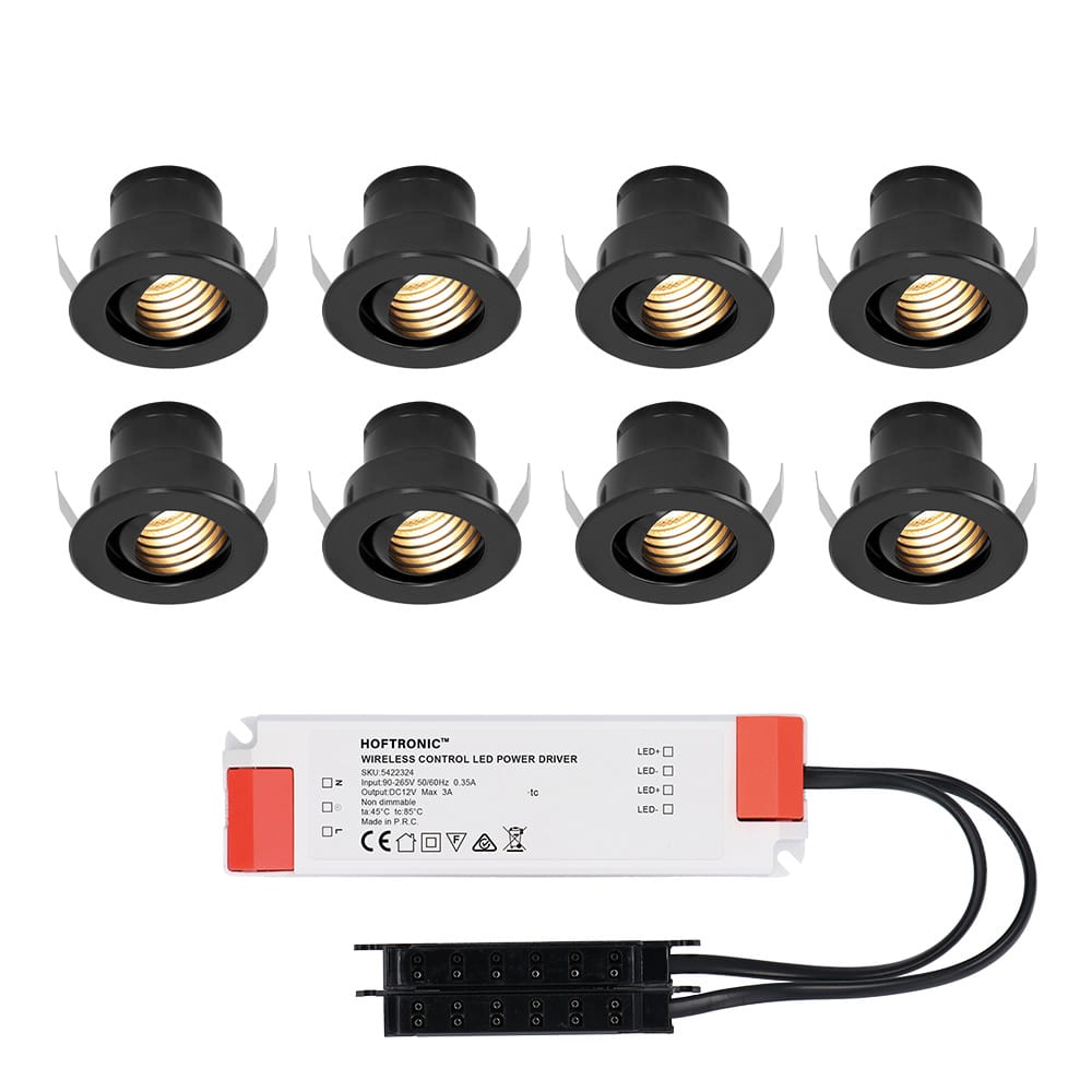 Set van 8 Medina LED Mini Inbouwspots met Trafo - 12 Volt 3 Watt 150 lumen - Kantelbaar - Verzonken - Plat 35mm - 2700K - IP44 waterdicht - Zwart afbeelding