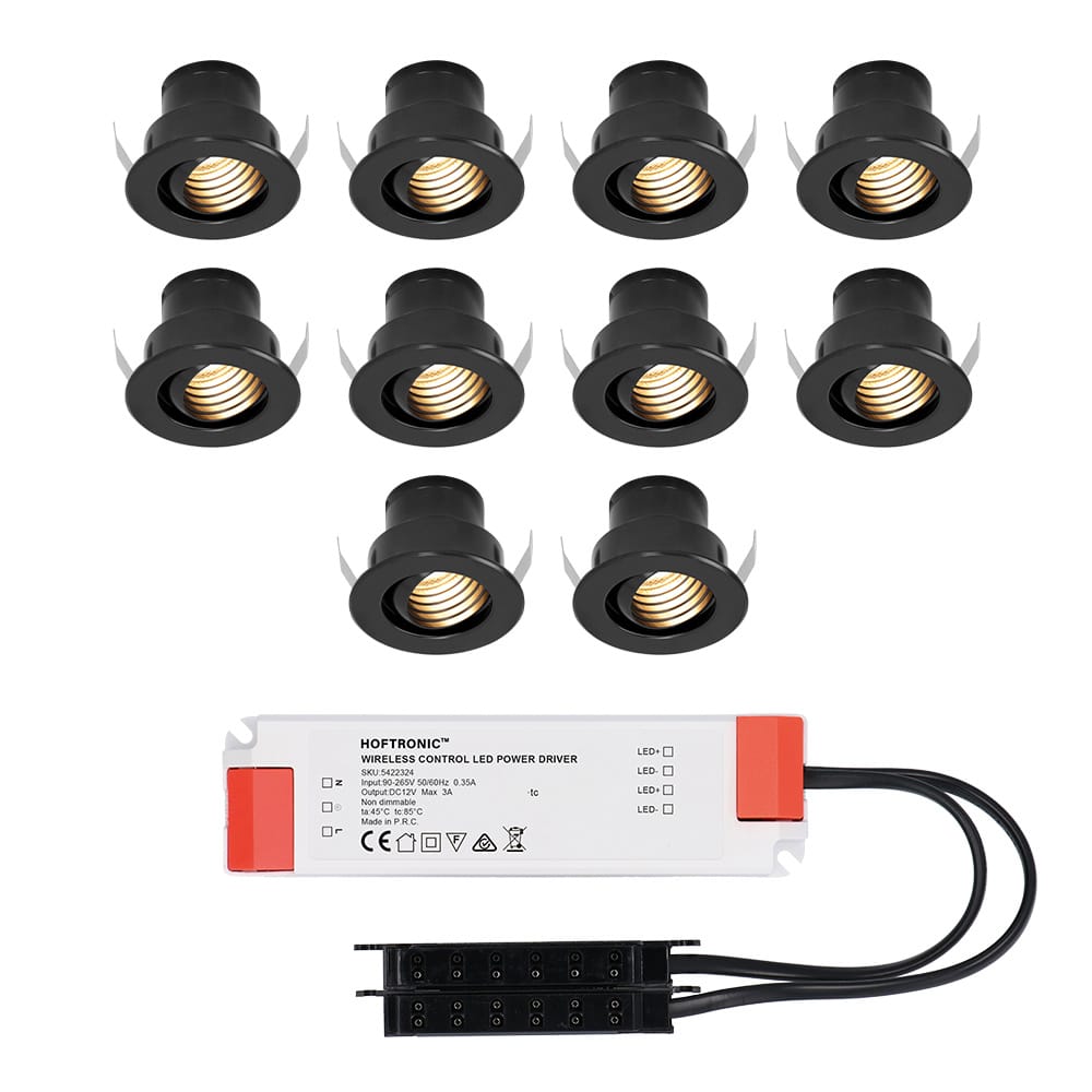 Set van 10 Medina LED Mini Inbouwspots met Trafo - 12 Volt 3 Watt 150 lumen - Kantelbaar - Verzonken - Plat 35mm - 2700K - IP44 waterdicht - Zwart afbeelding