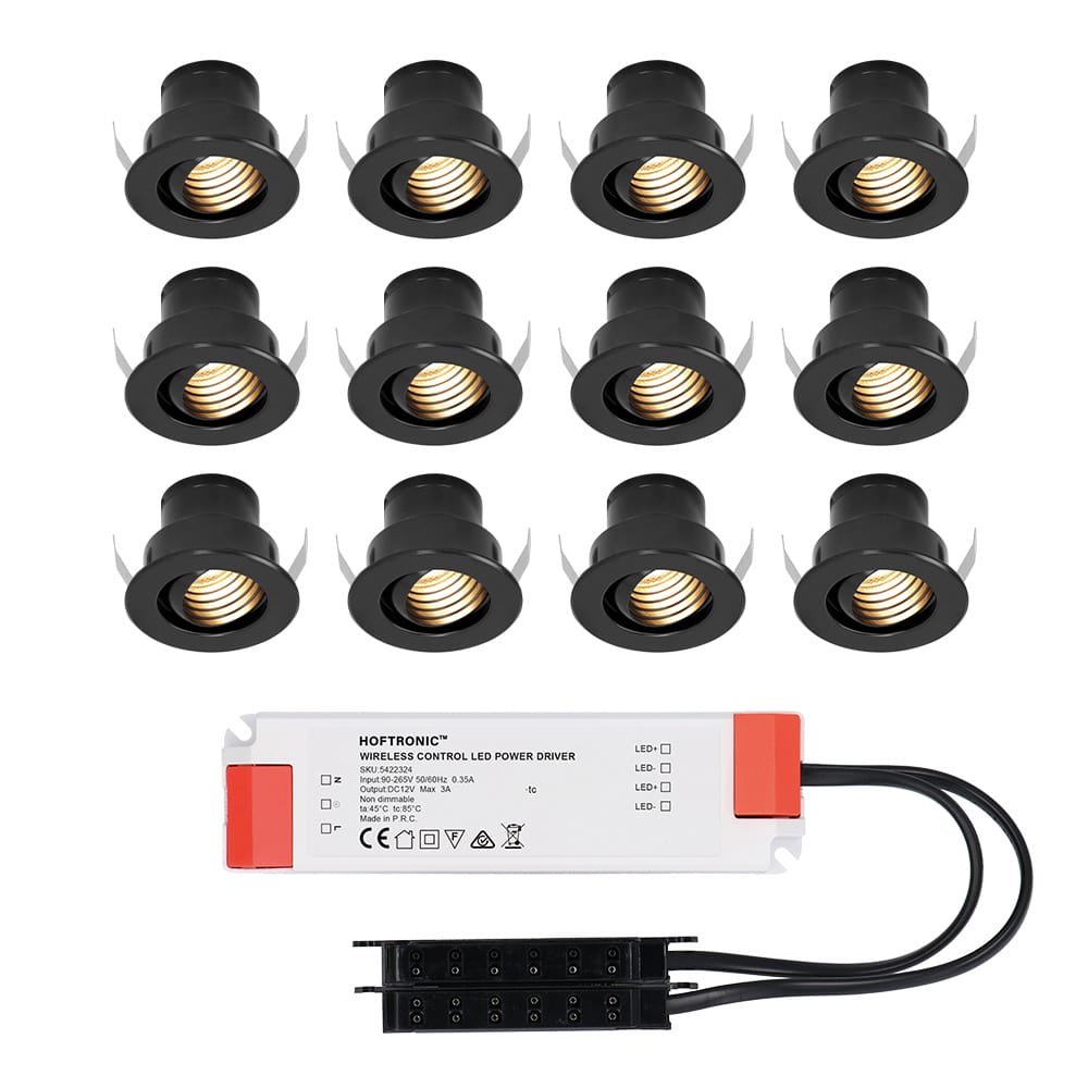 Set van 12 Medina LED Mini Inbouwspots met Trafo - 12 Volt 3 Watt 150 lumen - Kantelbaar - Verzonken - Plat 35mm - 2700K - IP44 waterdicht - Zwart afbeelding