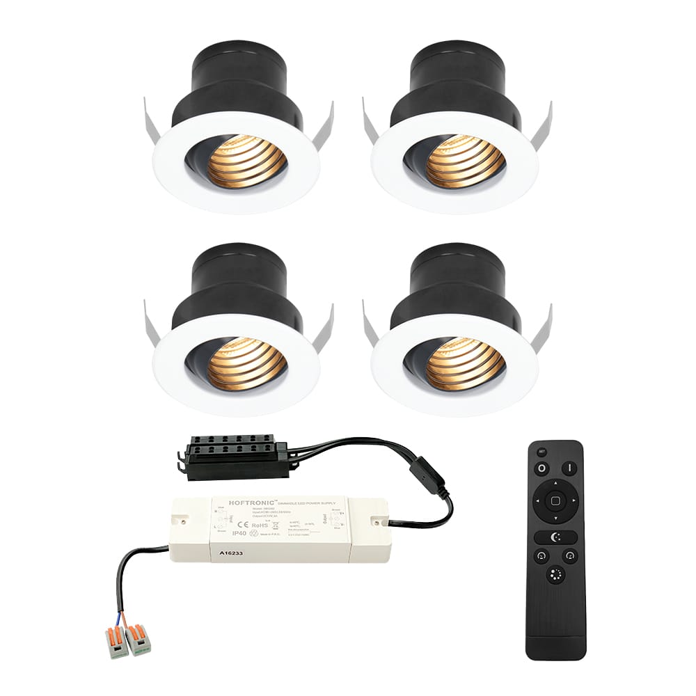 Set van 4 Medina LED Mini Inbouwspots met Trafo - 12 Volt 3 Watt 150 lumen - Dimbaar - Kantelbaar - Verzonken - Plat 35mm (Lage inbouwdiepte) - 2700K - IP44 waterdicht - Wit afbeelding