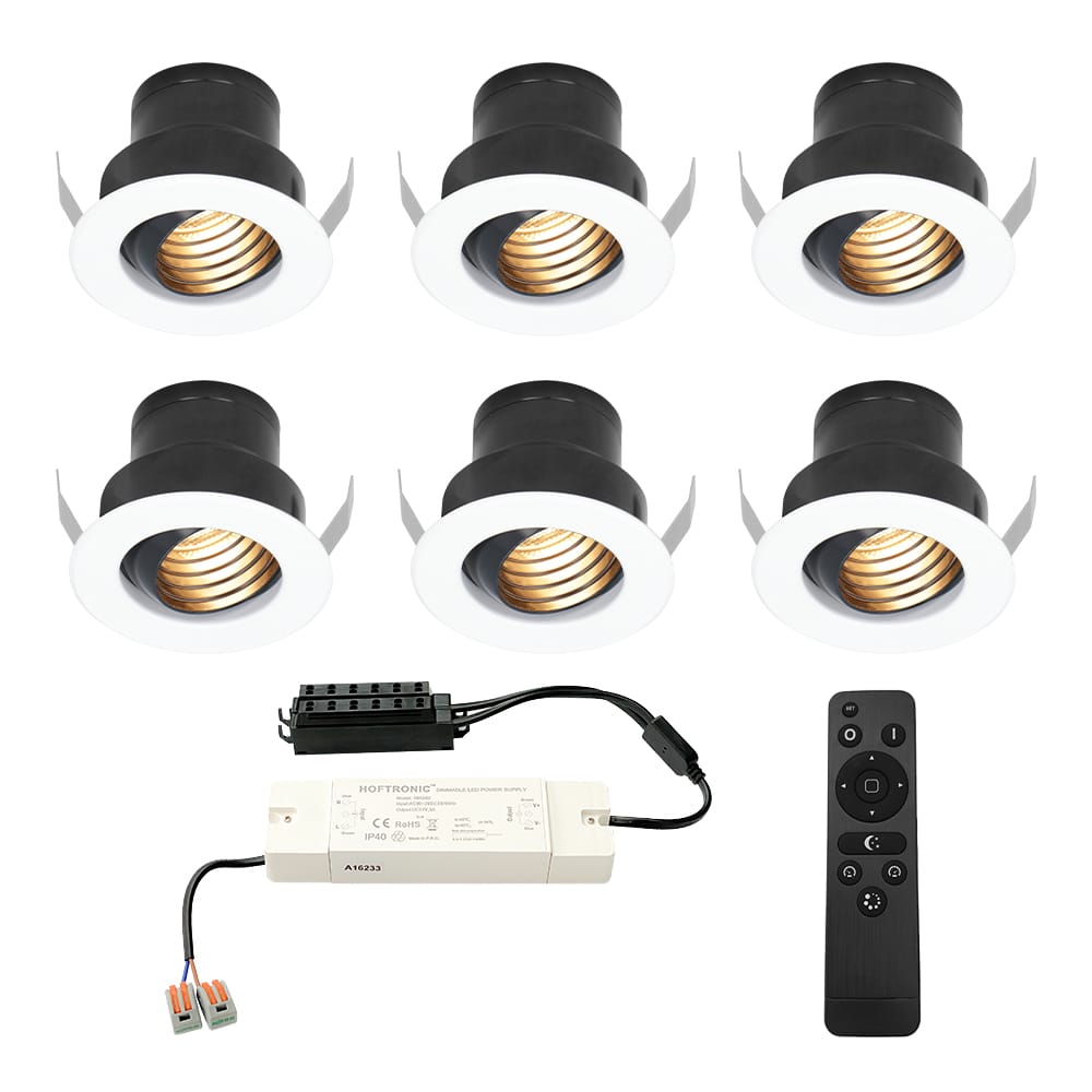 Set van 6 Medina LED Mini Inbouwspots met Trafo - 12 Volt 3 Watt 150 lumen - Dimbaar - Kantelbaar - Verzonken - Plat 35mm (Lage inbouwdiepte) - 2700K - IP44 waterdicht - Wit afbeelding