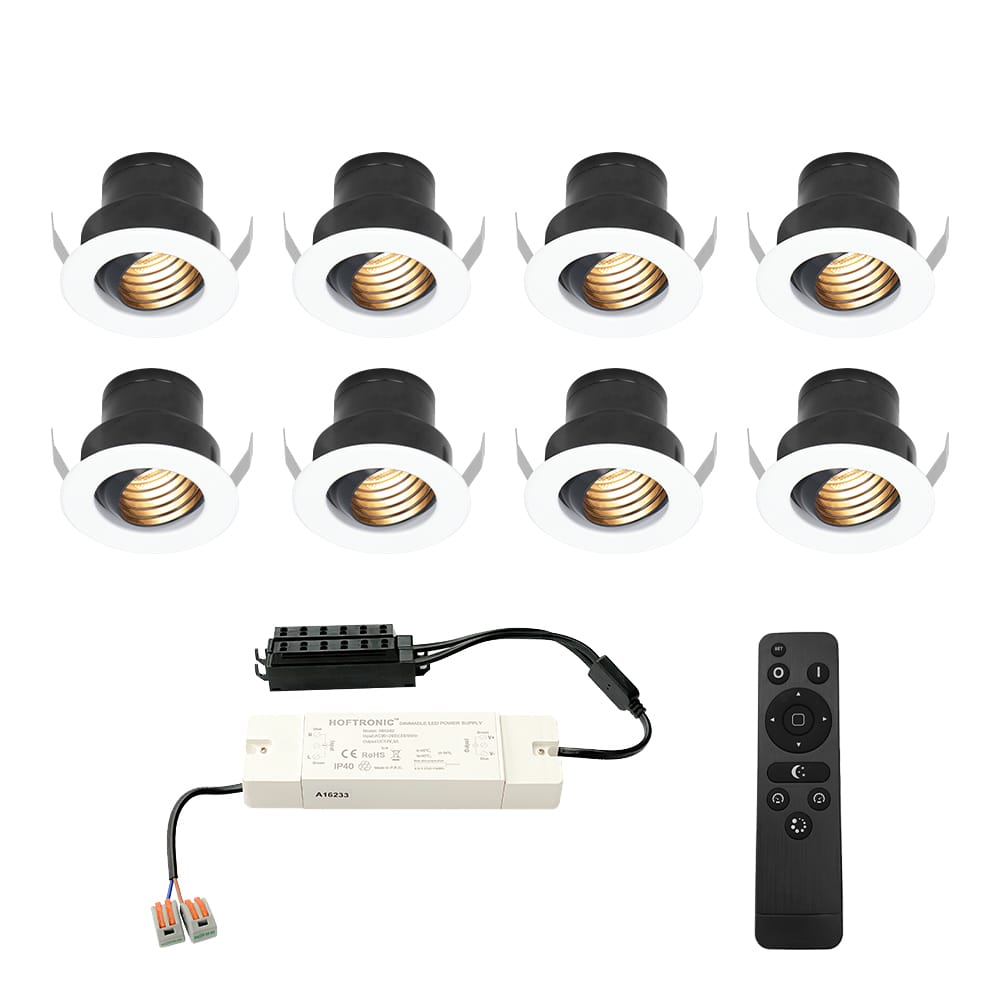 Set van 8 Medina LED Mini Inbouwspots met Trafo - 12 Volt 3 Watt 150 lumen - Dimbaar - Kantelbaar - Verzonken - Plat 35mm (Lage inbouwdiepte) - 2700K - IP44 waterdicht - Wit afbeelding