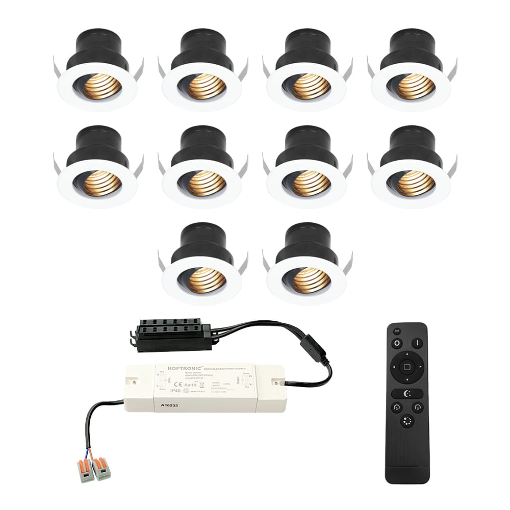 Set van 10 Medina LED Mini Inbouwspots met Trafo - 12 Volt 3 Watt 150 lumen - Dimbaar - Kantelbaar - Verzonken - Plat 35mm (Lage inbouwdiepte) - 2700K - IP44 waterdicht - Wit afbeelding