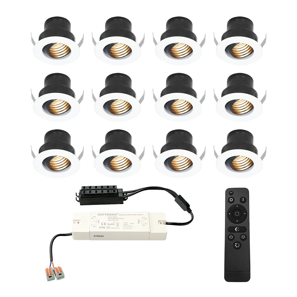 Set van 12 Medina LED Mini Inbouwspots met Trafo - 12 Volt 3 Watt 150 lumen - Dimbaar - Kantelbaar - Verzonken - Plat 35mm (Lage inbouwdiepte) - 2700K - IP44 waterdicht - Wit afbeelding