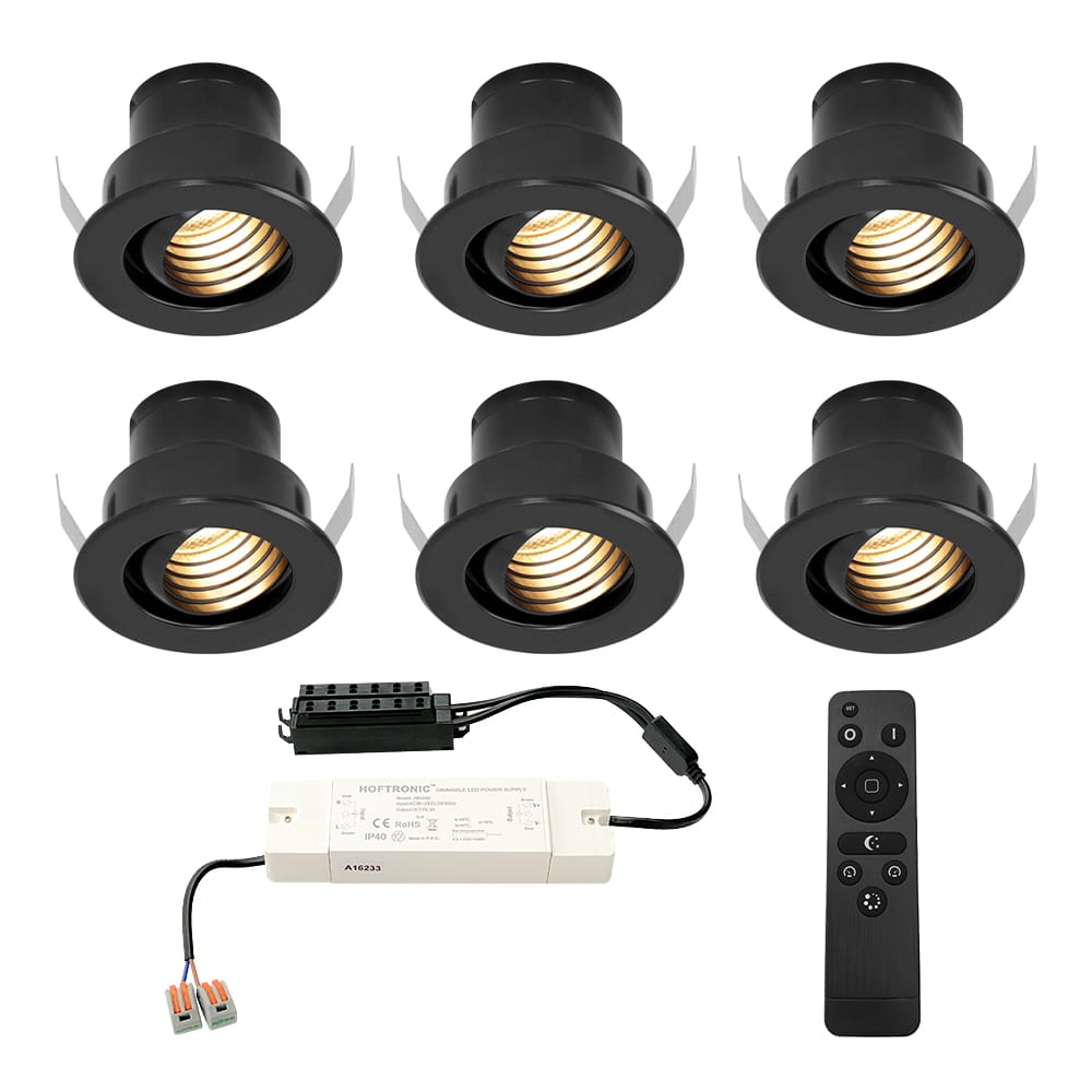 Set van 6 Medina LED Mini Inbouwspots met Trafo - 12 Volt 3 Watt 150 lumen - Dimbaar - Kantelbaar - Verzonken - Plat 35mm (Lage inbouwdiepte) - 2700K - IP44 waterdicht - Zwart afbeelding