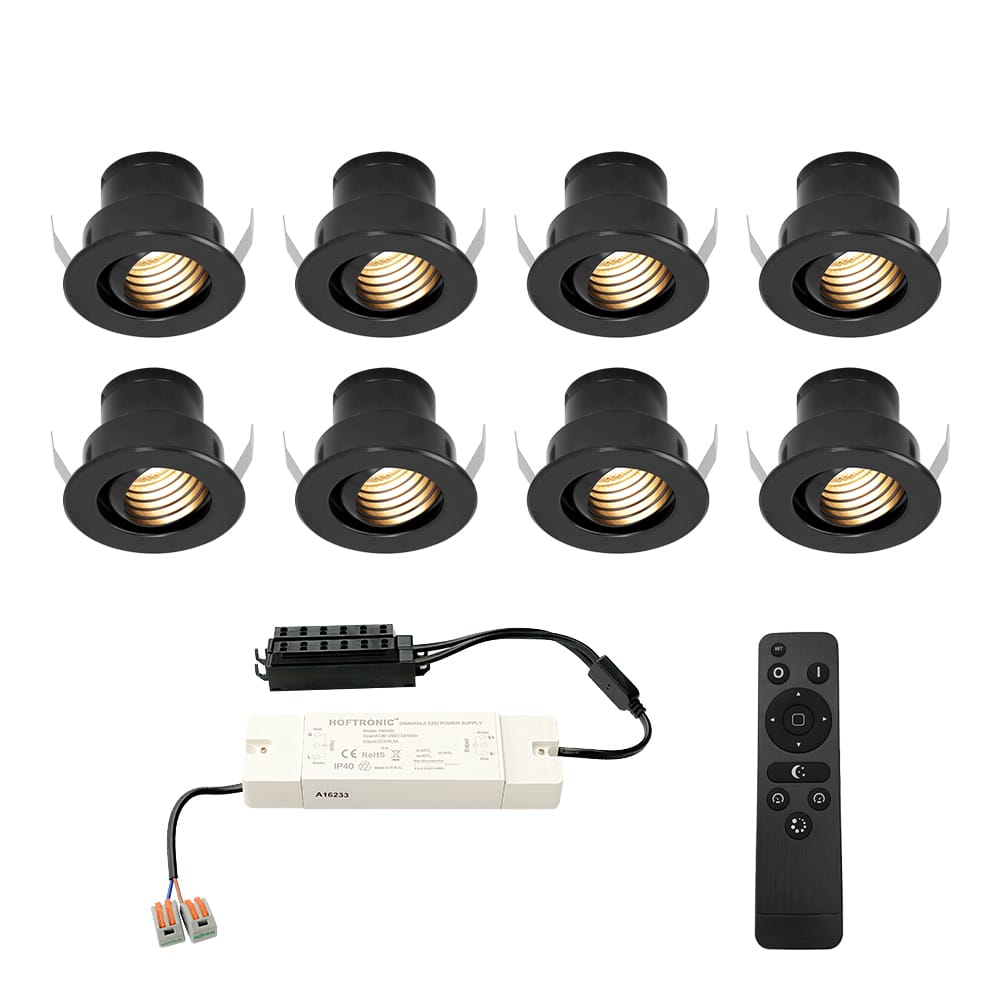 Set van 8 Medina LED Mini Inbouwspots met Trafo - 12 Volt 3 Watt 150 lumen - Dimbaar - Kantelbaar - Verzonken - Plat 35mm (Lage inbouwdiepte) - 2700K - IP44 waterdicht - Zwart afbeelding