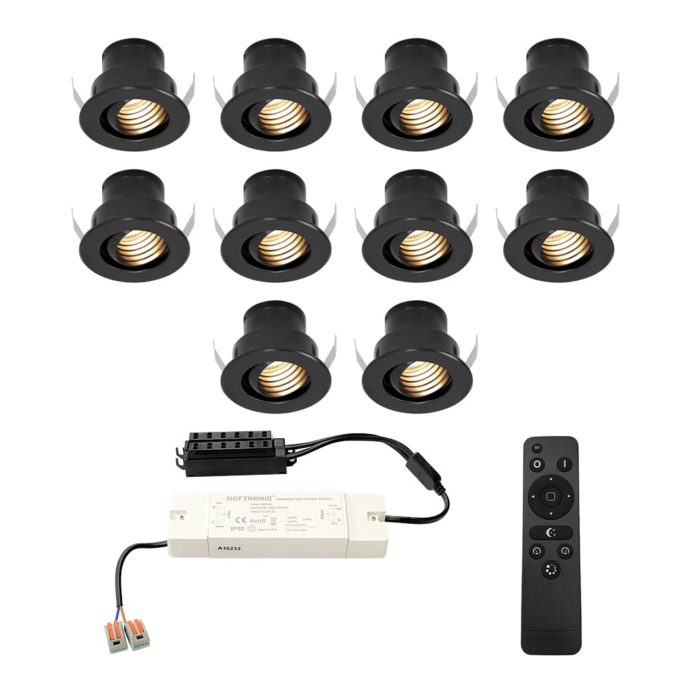 Set van 10 Medina LED Mini Inbouwspots met Trafo - 12 Volt 3 Watt 150 lumen - Dimbaar - Kantelbaar - Verzonken - Plat 35mm (Lage inbouwdiepte) - 2700K - IP44 waterdicht - Zwart afbeelding
