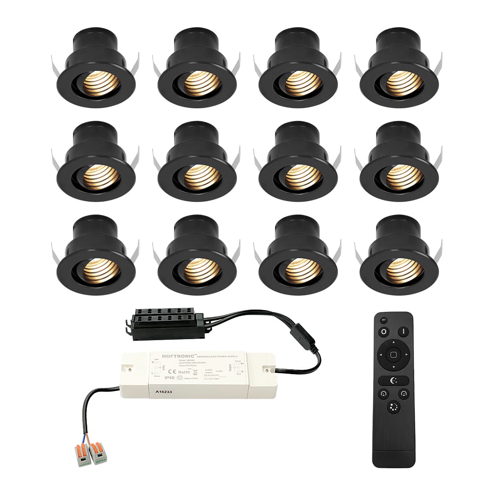 Set van 12 Medina LED Mini Inbouwspots met Trafo - 12 Volt 3 Watt 150 lumen - Dimbaar - Kantelbaar - Verzonken - Plat 35mm (Lage inbouwdiepte) - 2700K - IP44 waterdicht - Zwart afbeelding 1