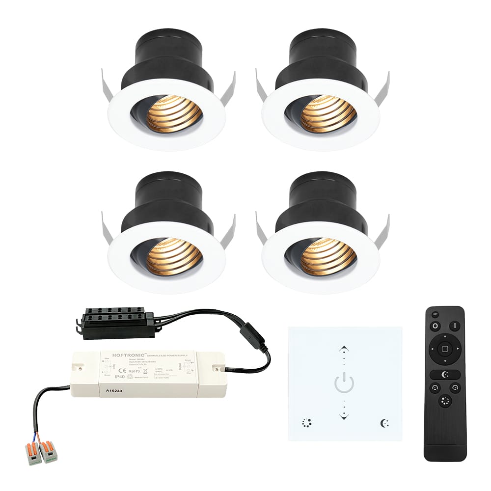 Set van 4 Medina LED Mini Inbouwspots met Trafo en Muurdimmer - 12 Volt 3 Watt 150 lumen - Dimbaar - Plat 35mm - 2700K - IP44 waterdicht - Wit afbeelding