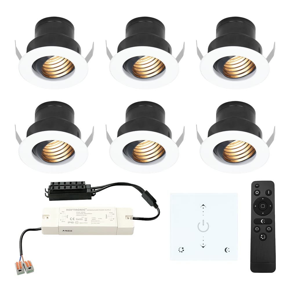 Set van 6 Medina LED Mini Inbouwspots met Trafo en Muurdimmer - 12 Volt 3 Watt 150 lumen - Dimbaar - Plat 35mm - 2700K - IP44 waterdicht - Wit afbeelding 1