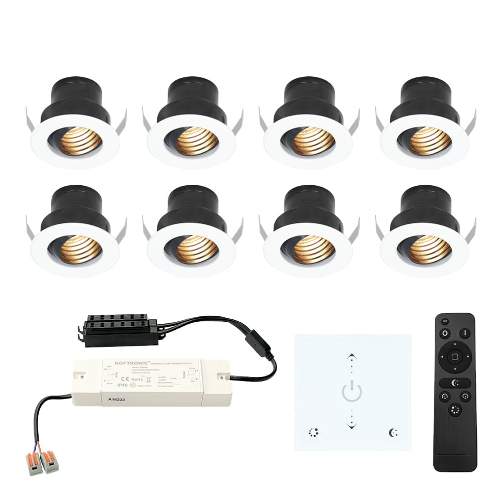 Set van 8 Medina LED Mini Inbouwspots met Trafo en Muurdimmer - 12 Volt 3 Watt 150 lumen - Dimbaar - Plat 35mm - 2700K - IP44 waterdicht - Wit afbeelding