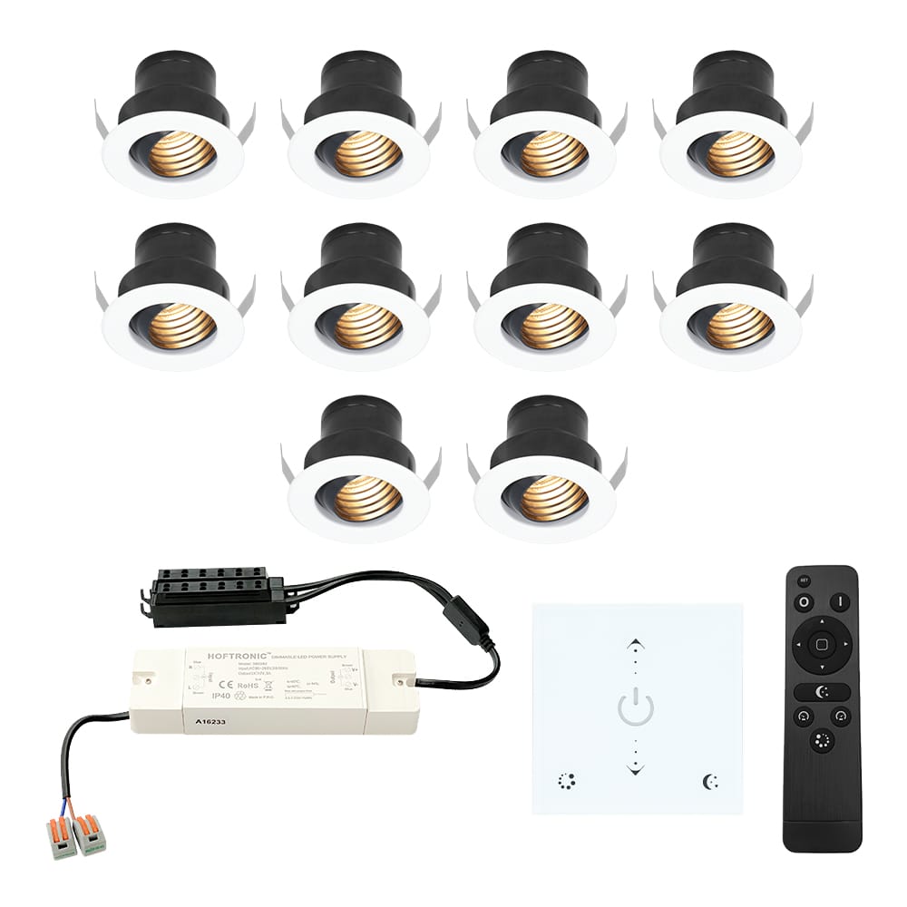 Set van 10 Medina LED Mini Inbouwspots met Trafo en Muurdimmer - 12 Volt 3 Watt 150 lumen - Dimbaar - Plat 35mm - 2700K - IP44 waterdicht - Wit afbeelding