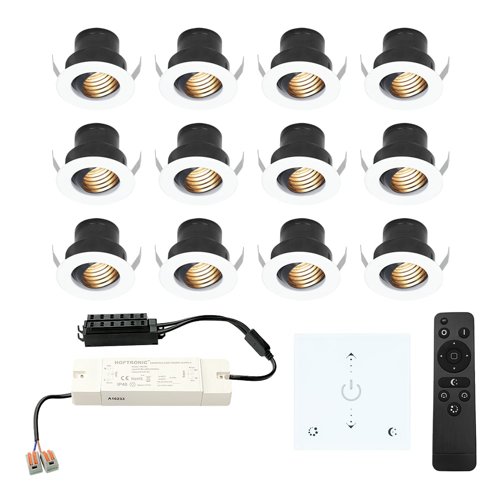 Set van 12 Medina LED Mini Inbouwspots met Trafo en Muurdimmer - 12 Volt 3 Watt 150 lumen - Dimbaar - Plat 35mm - 2700K - IP44 waterdicht - Wit afbeelding