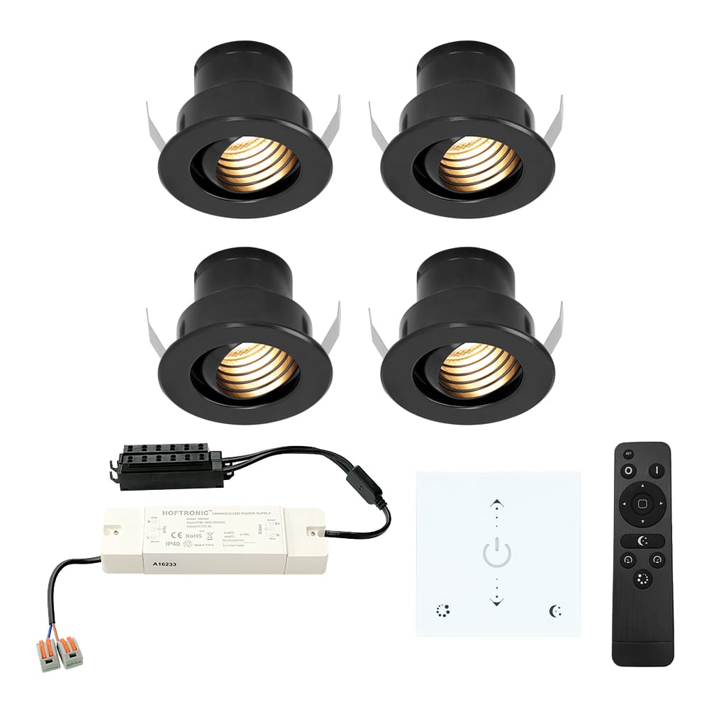 Set van 4 Medina LED Mini Inbouwspots met Trafo en Muurdimmer - 12 Volt 3 Watt 150 lumen - Dimbaar - Plat 35mm - 2700K - IP44 waterdicht - Zwart afbeelding