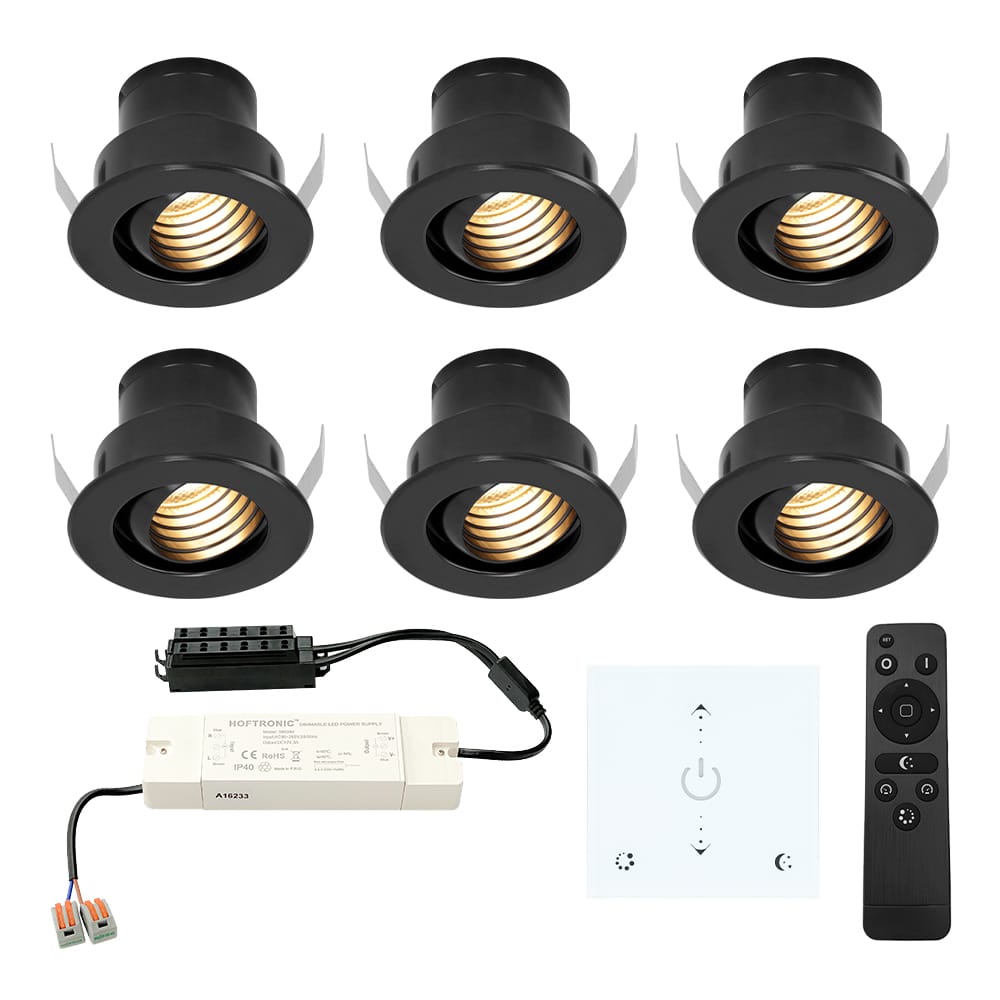 Set van 6 Medina LED Mini Inbouwspots met Trafo en Muurdimmer - 12 Volt 3 Watt 150 lumen - Dimbaar - Plat 35mm - 2700K - IP44 waterdicht - Zwart afbeelding