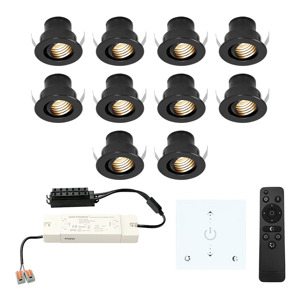 Set van 10 Medina LED Mini Inbouwspots met Trafo en Muurdimmer - 12 Volt 3 Watt 150 lumen - Dimbaar - Plat 35mm - 2700K - IP44 waterdicht - Zwart afbeelding