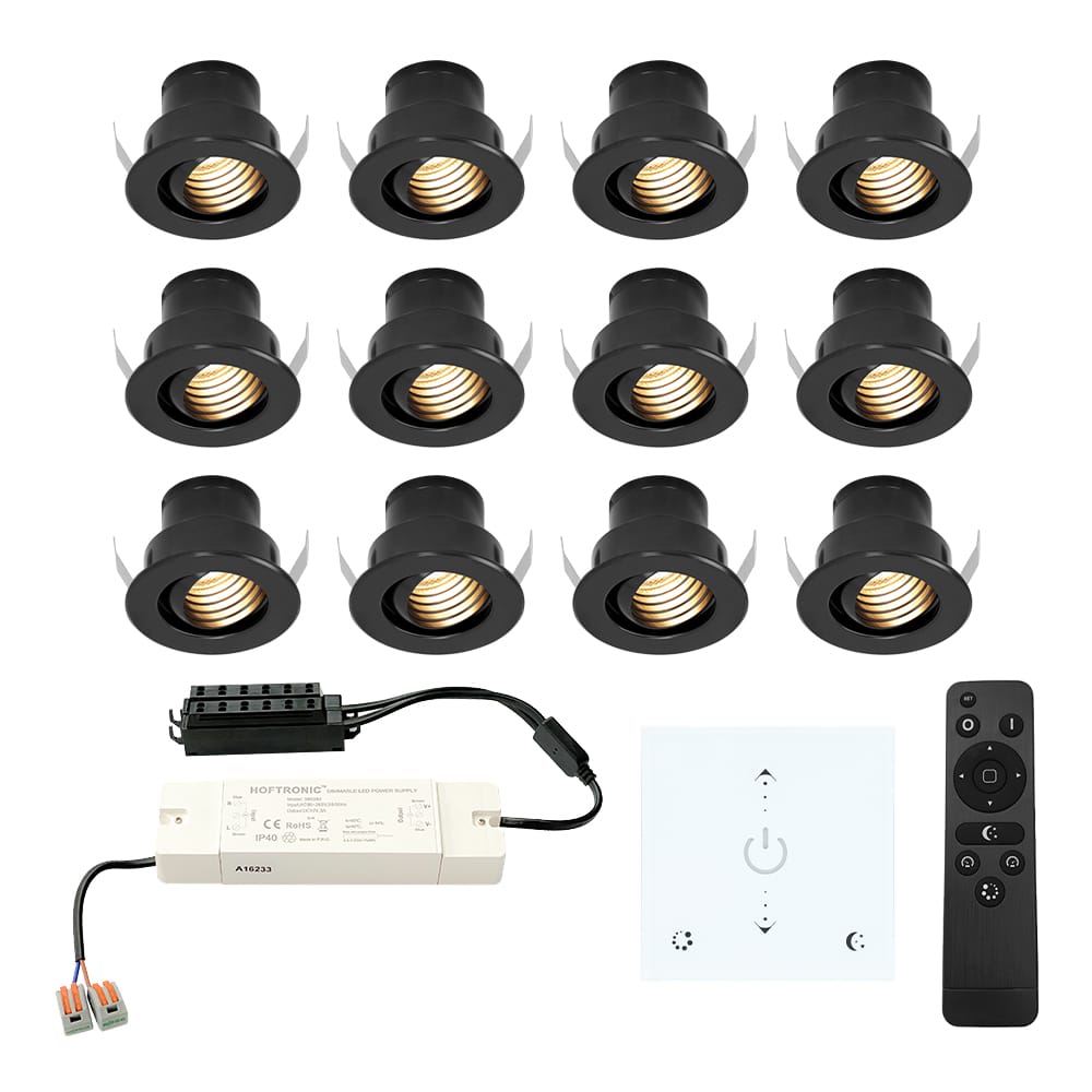 Set van 12 Medina LED Mini Inbouwspots met Trafo en Muurdimmer - 12 Volt 3 Watt 150 lumen - Dimbaar - Plat 35mm - 2700K - IP44 waterdicht - Zwart afbeelding