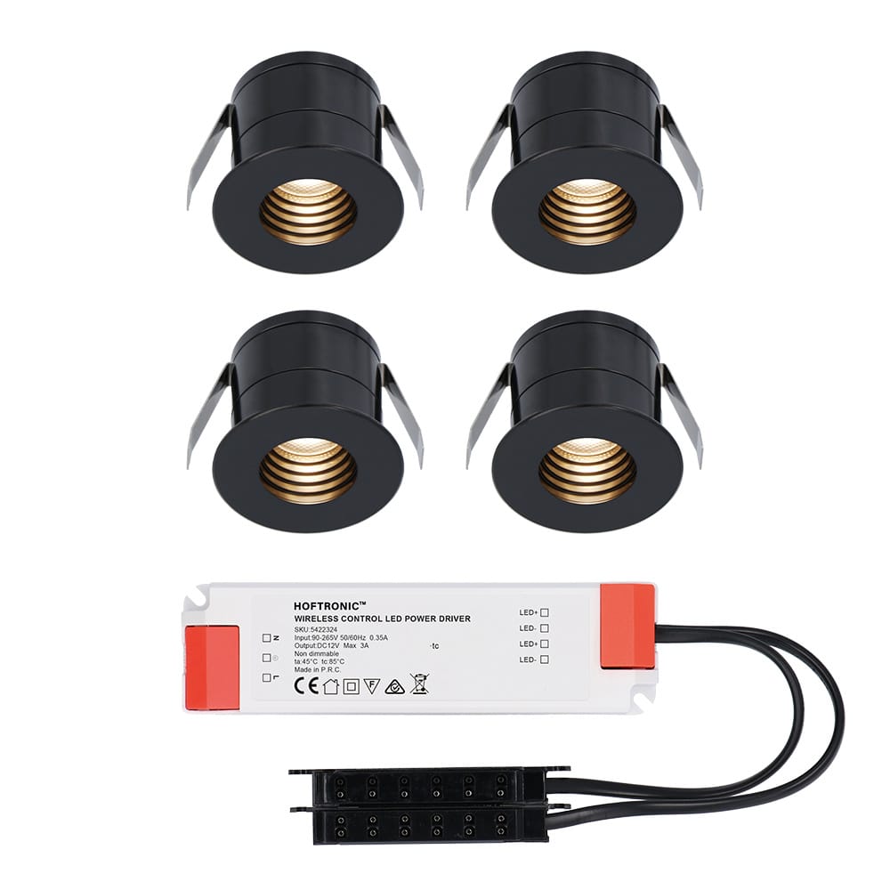 Set van 4 Betty LED Mini Inbouwspots met Trafo - 12 Volt 3 Watt 140 lumen - Verzonken - Plat 37mm - 2700K - IP44 waterdicht - Niet Dimbaar - Zwart afbeelding