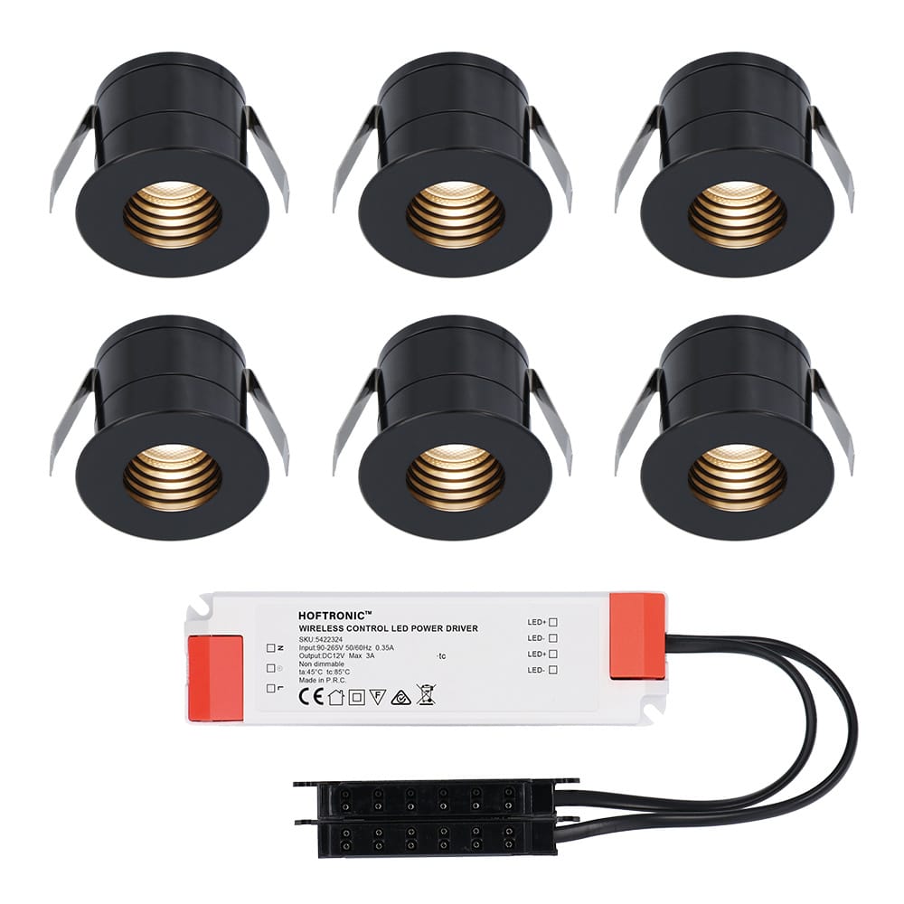 Set van 6 Betty LED Mini Inbouwspots met Trafo - 12 Volt 3 Watt 140 lumen - Verzonken - Plat 37mm - 2700K - IP44 waterdicht - Niet Dimbaar - Zwart afbeelding