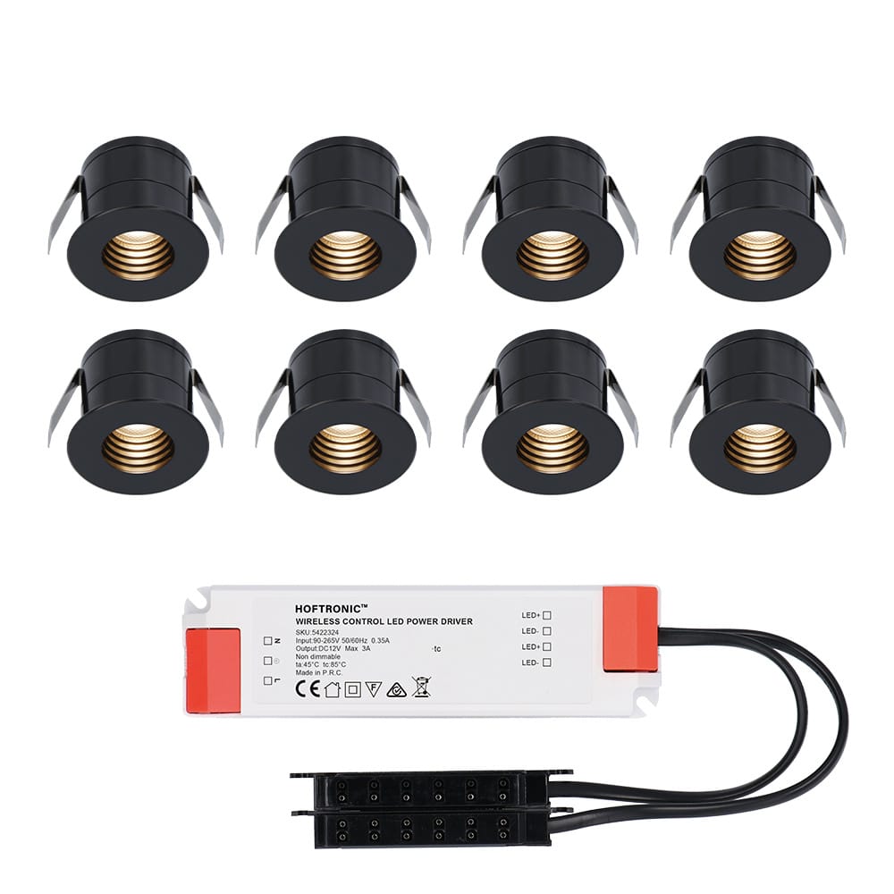 Set van 8 Betty LED Mini Inbouwspots met Trafo - 12 Volt 3 Watt 140 lumen - Verzonken - Plat 37mm - 2700K - IP44 waterdicht - Niet Dimbaar - Zwart afbeelding