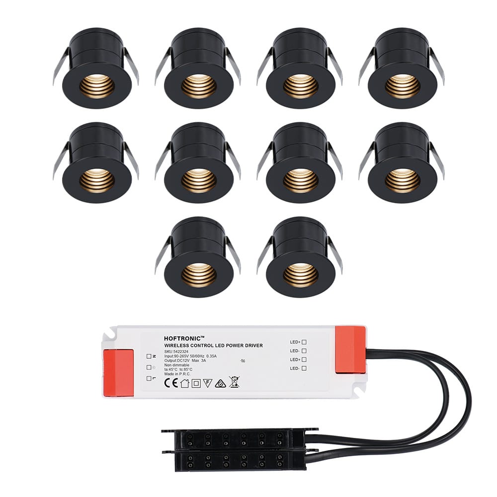 Set van 10 Betty LED Mini Inbouwspots met Trafo - 12 Volt 3 Watt 140 lumen - Verzonken - Plat 37mm - 2700K - IP44 waterdicht - Niet Dimbaar - Zwart afbeelding