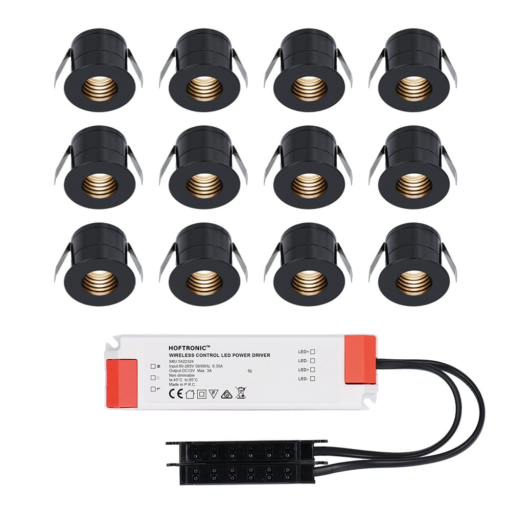 Set van 12 Betty LED Mini Inbouwspots met Trafo - 12 Volt 3 Watt 140 lumen - Verzonken - Plat 37mm - 2700K - IP44 waterdicht - Niet Dimbaar - Zwart afbeelding
