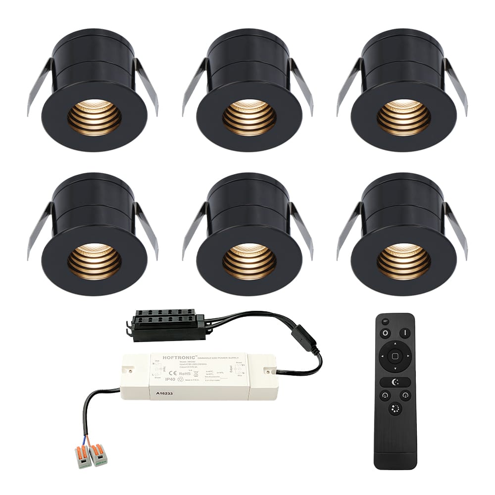 Set van 6 Betty LED Mini Inbouwspots met Trafo - 12 Volt 3 Watt 140 lumen - Dimbaar - Verzonken - Plat 37mm - 2700K - IP44 waterdicht - Zwart - Veranda spotjes - overkapping spotjes afbeelding