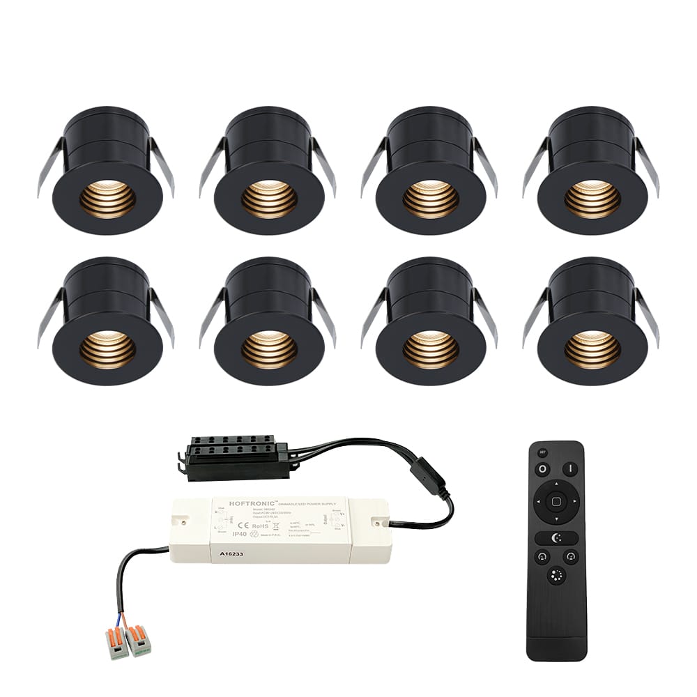 Set van 8 Betty LED Mini Inbouwspots met Trafo - 12 Volt 3 Watt 140 lumen - Dimbaar - Verzonken - Plat 37mm - 2700K - IP44 waterdicht - Zwart - Veranda spotjes - overkapping spotjes afbeelding
