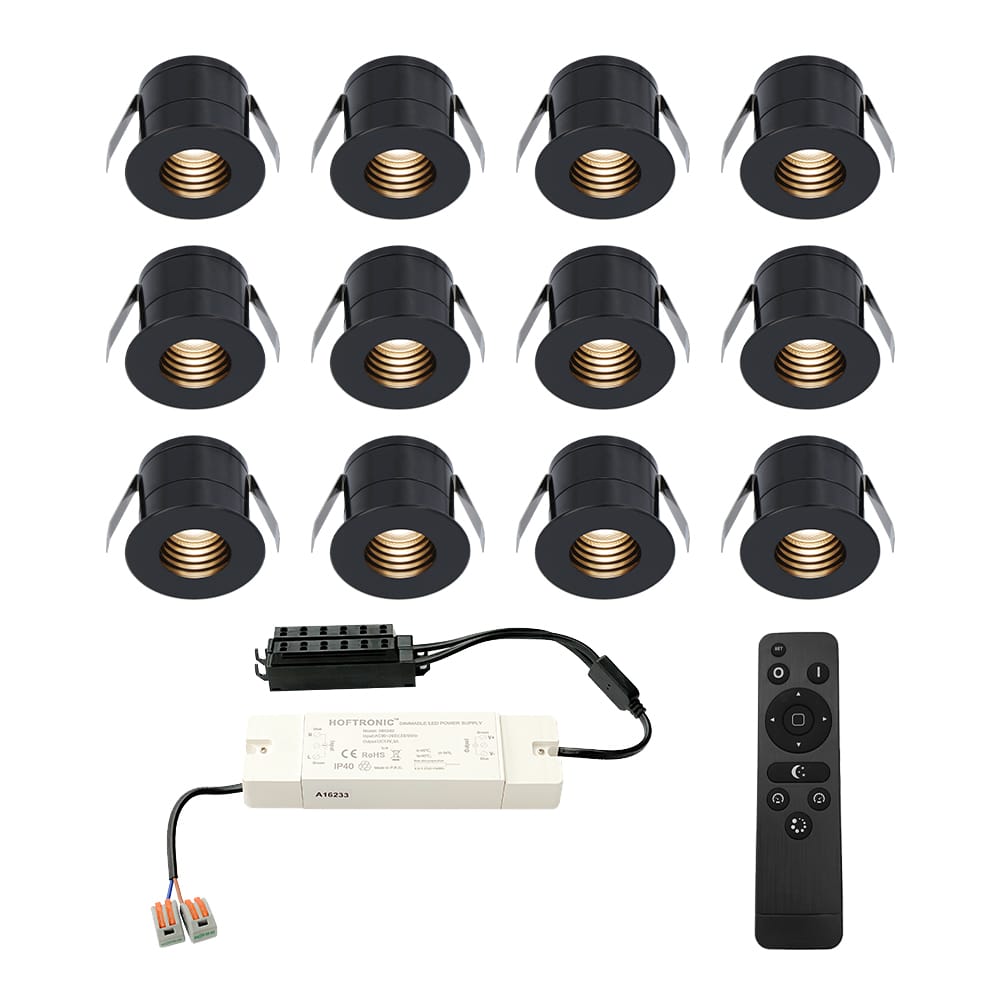 Set van 12 Betty LED Mini Inbouwspots met Trafo - 12 Volt 3 Watt 140 lumen - Dimbaar - Verzonken - Plat 37mm - 2700K - IP44 waterdicht - Zwart - Veranda spotjes - overkapping spotjes afbeelding