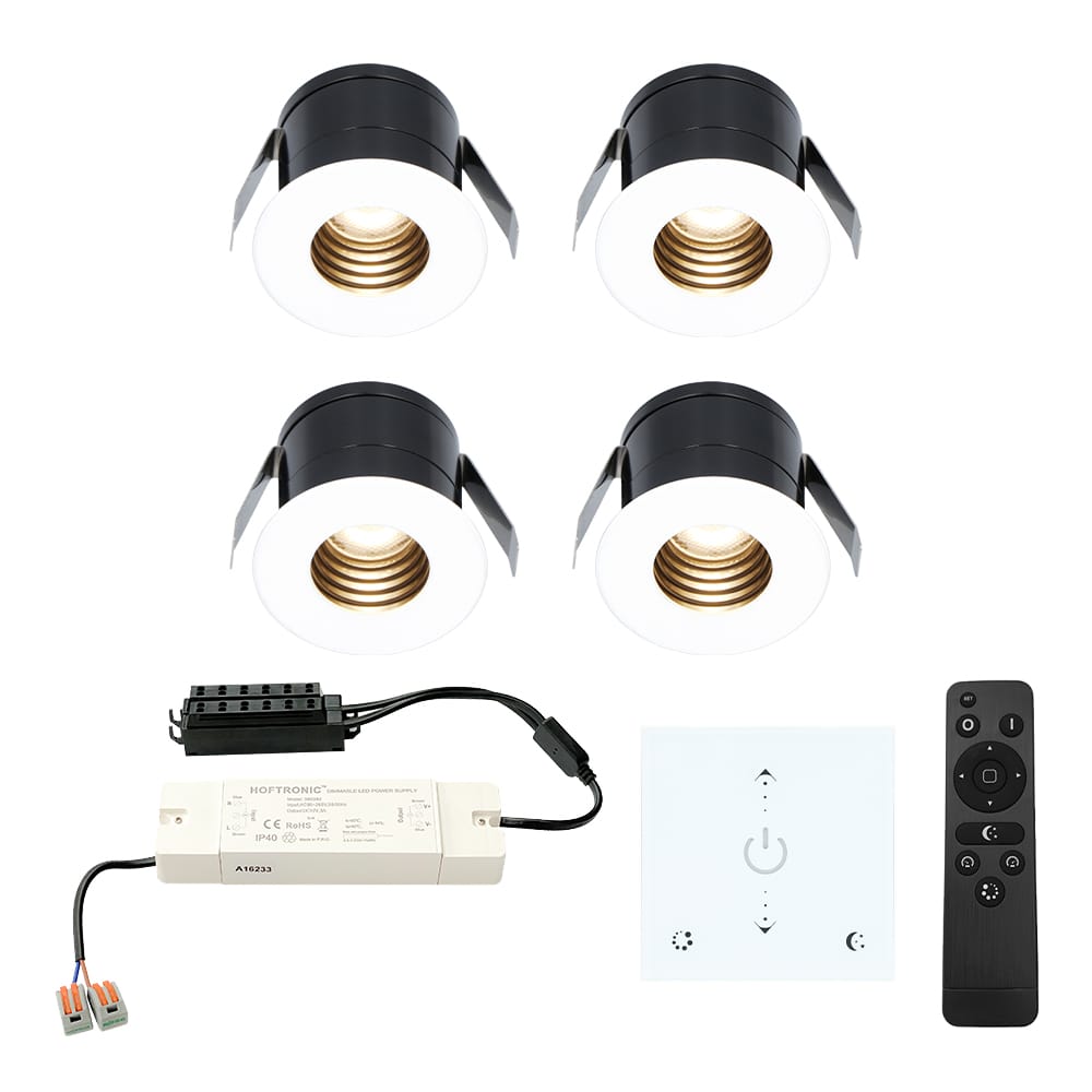 Set van 4 Betty LED Mini Inbouwspots met Trafo en Muurdimmer - 12 Volt 3 Watt 140 lumen - Dimbaar - Plat 37mm - 2700K - IP44 waterdicht - Wit afbeelding