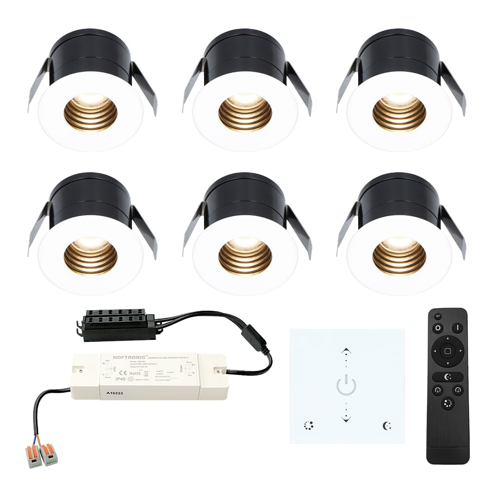 Set van 6 Betty LED Mini Inbouwspots met Trafo en Muurdimmer - 12 Volt 3 Watt 140 lumen - Dimbaar - Plat 37mm - 2700K - IP44 waterdicht - Wit afbeelding