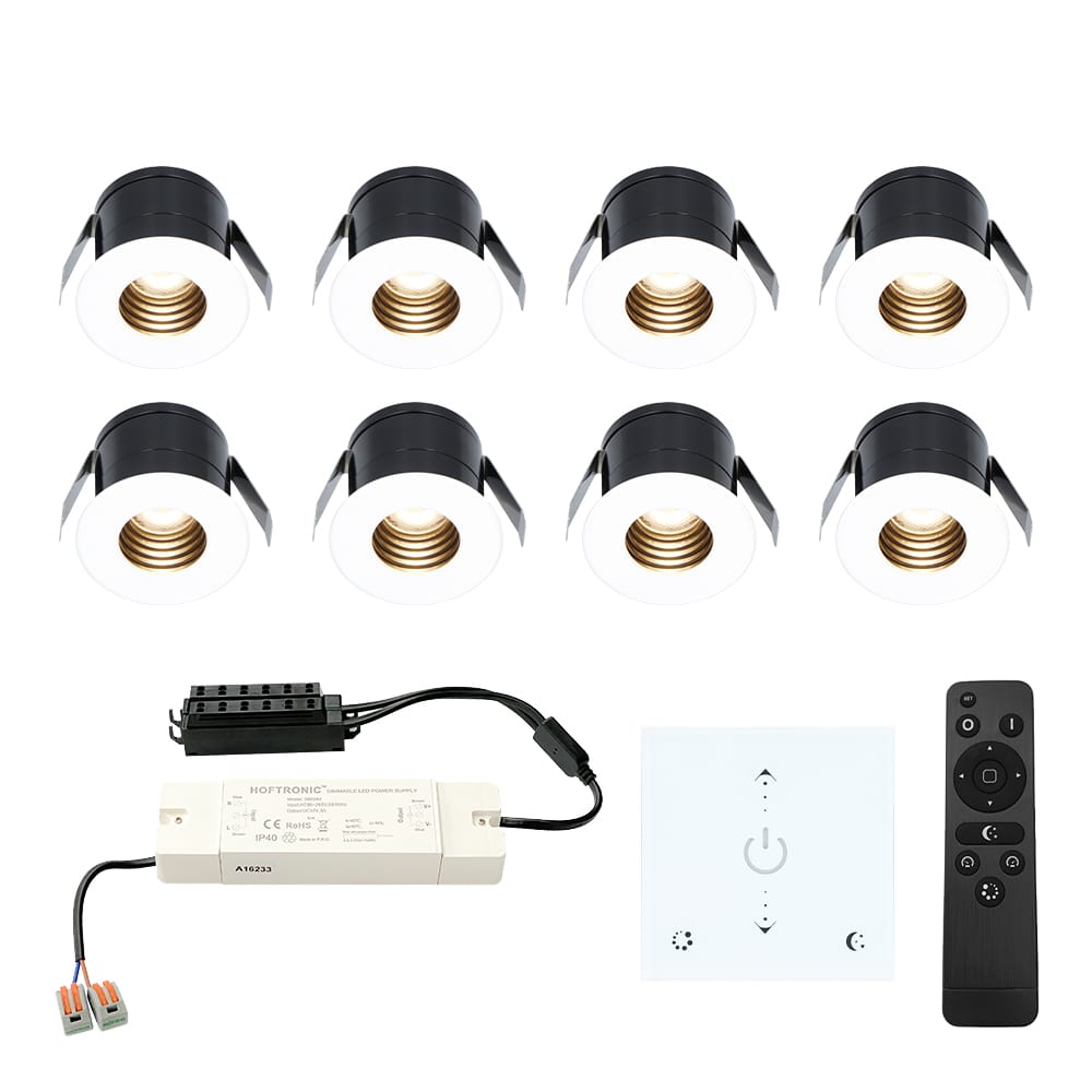 Set van 8 Betty LED Mini Inbouwspots met Trafo en Muurdimmer - 12 Volt 3 Watt 140 lumen - Dimbaar - Plat 37mm - 2700K - IP44 waterdicht - Wit afbeelding