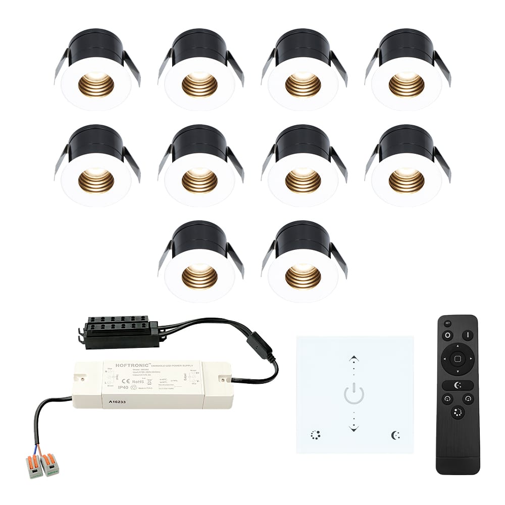 Set van 10 Betty LED Mini Inbouwspots met Trafo en Muurdimmer - 12 Volt 3 Watt 140 lumen - Dimbaar - Plat 37mm - 2700K - IP44 waterdicht - Wit afbeelding