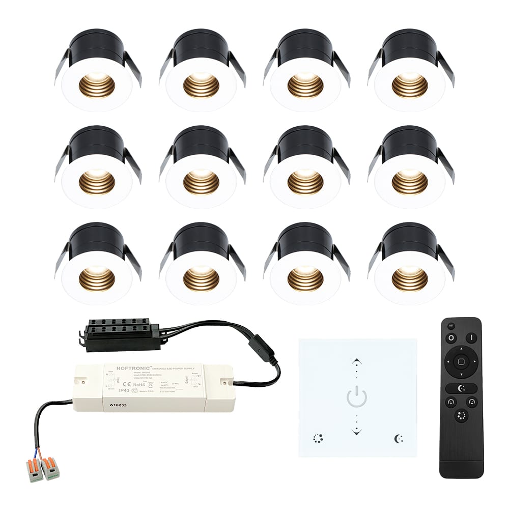 Set van 12 Betty LED Mini Inbouwspots met Trafo en Muurdimmer - 12 Volt 3 Watt 140 lumen - Dimbaar - Plat 37mm - 2700K - IP44 waterdicht - Wit afbeelding