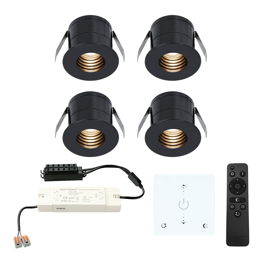 Set van 4 Betty LED Mini Inbouwspots met Trafo en Muurdimmer - 12 Volt 3 Watt 140 lumen - Dimbaar - Plat 37mm - 2700K - IP44 waterdicht - Zwart afbeelding