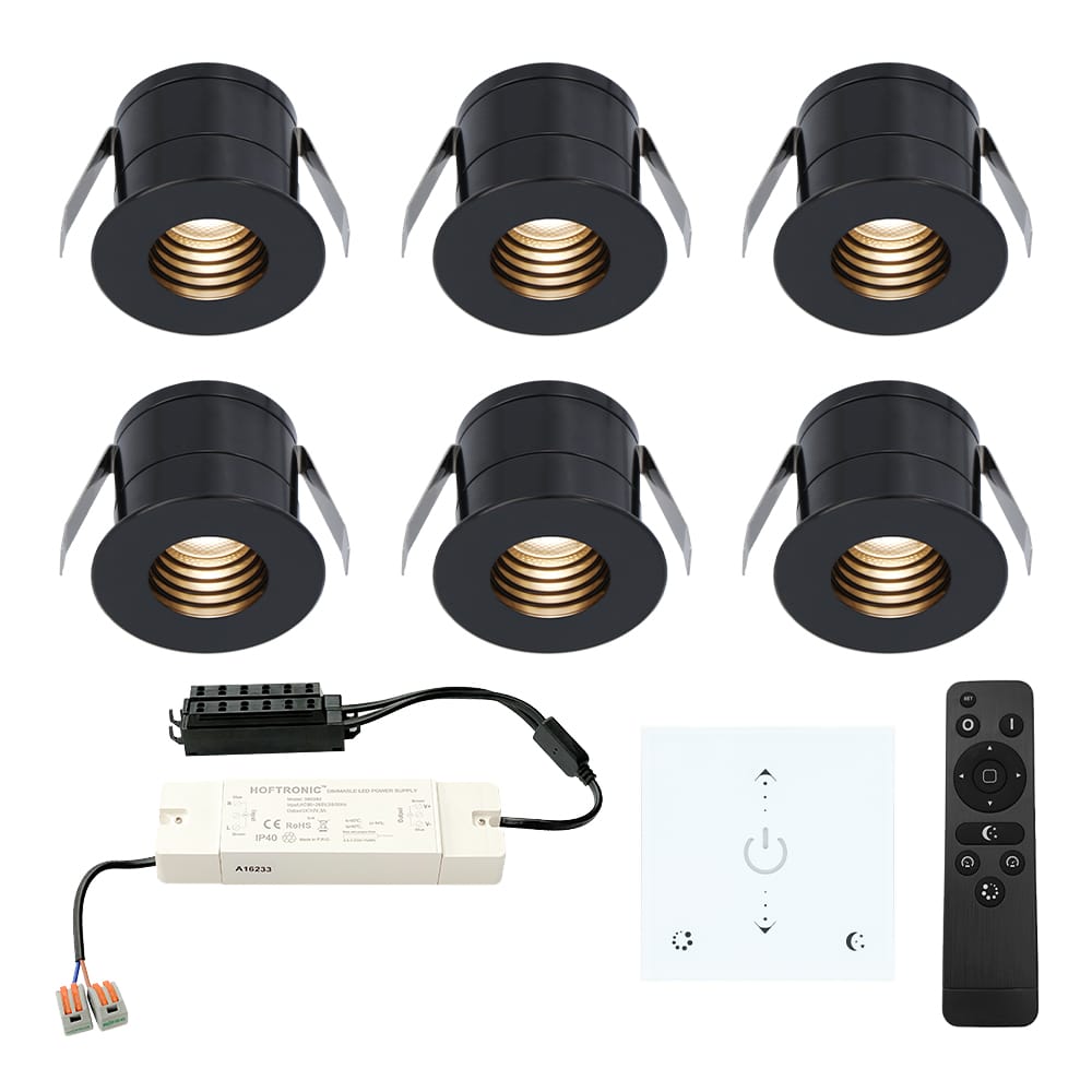Set van 6 Betty LED Mini Inbouwspots met Trafo en Muurdimmer - 12 Volt 3 Watt 140 lumen - Dimbaar - Plat 37mm - 2700K - IP44 waterdicht - Zwart afbeelding 1