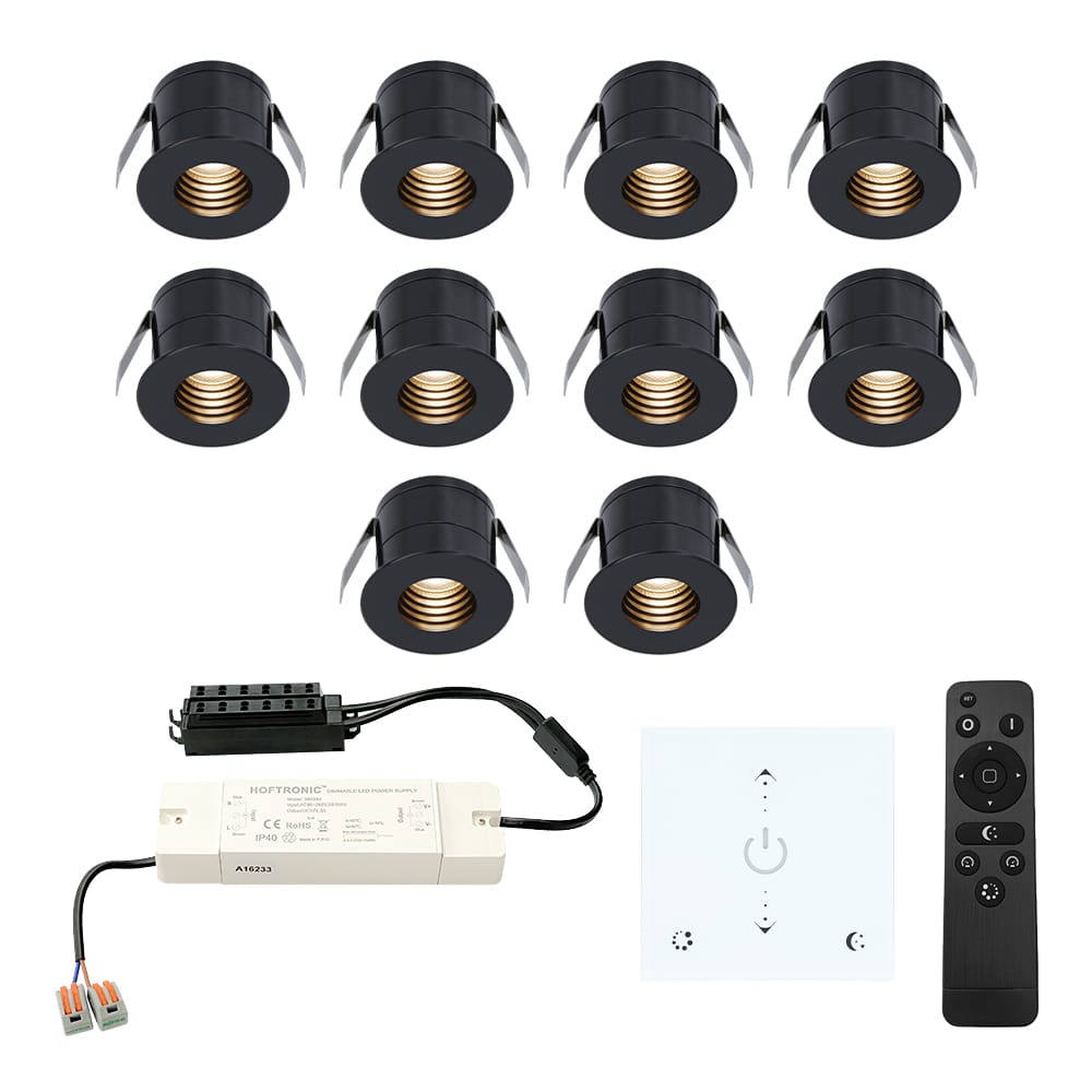 Set van 10 Betty LED Mini Inbouwspots met Trafo en Muurdimmer - 12 Volt 3 Watt 140 lumen - Dimbaar - Plat 37mm - 2700K - IP44 waterdicht - Zwart afbeelding
