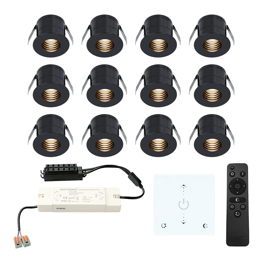 Set van 12 Betty LED Mini Inbouwspots met Trafo en Muurdimmer - 12 Volt 3 Watt 140 lumen - Dimbaar - Plat 37mm - 2700K - IP44 waterdicht - Zwart afbeelding