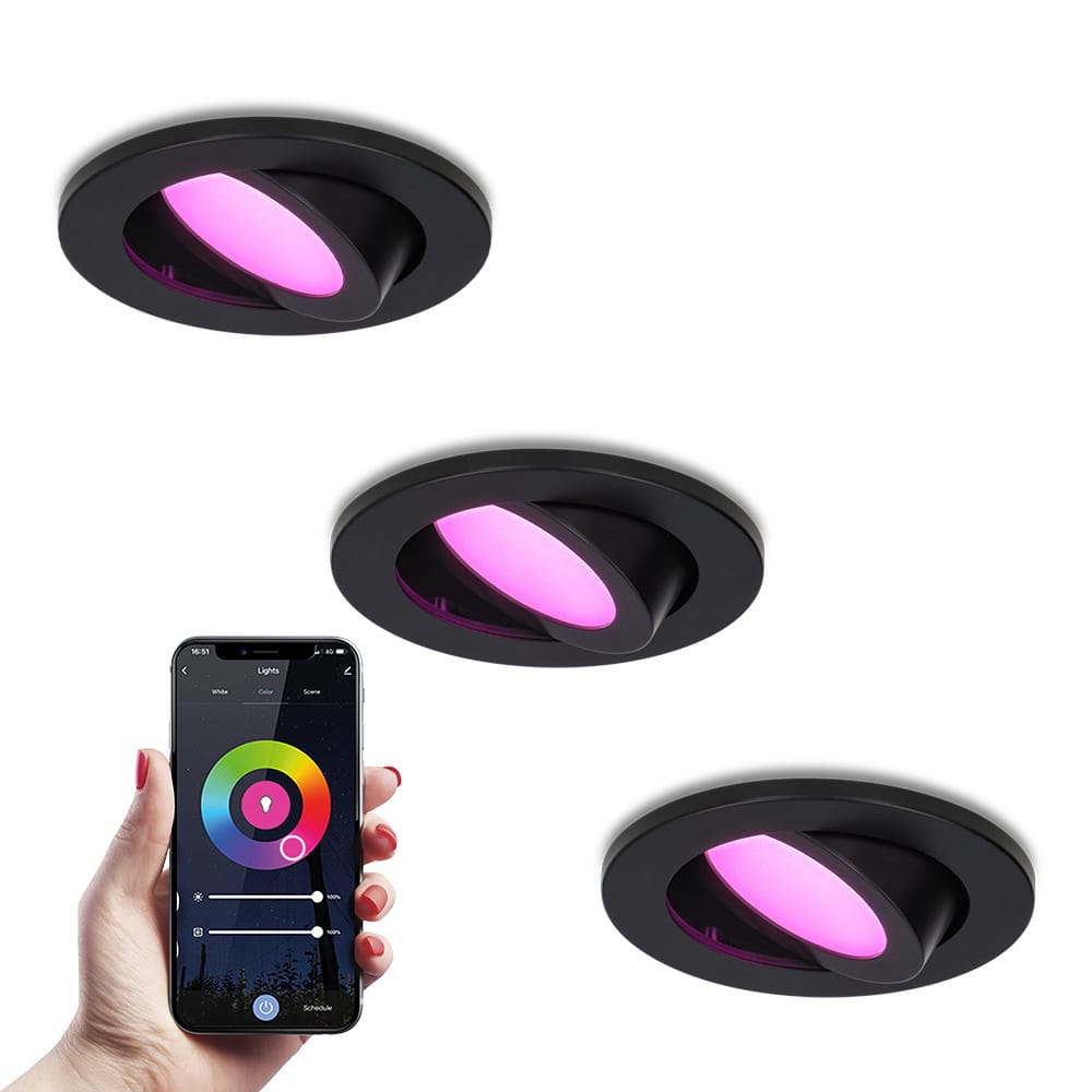 Set van 3 Vienna - Smart inbouwspot - IP65 waterdicht - 6 Watt 450 Lumen - Wifi + Bluetooth - RGBWW - GU10 - Google Home, Amazon Alexa en Siri - Voor binnen, buiten en badkamer - Zwart afbeelding