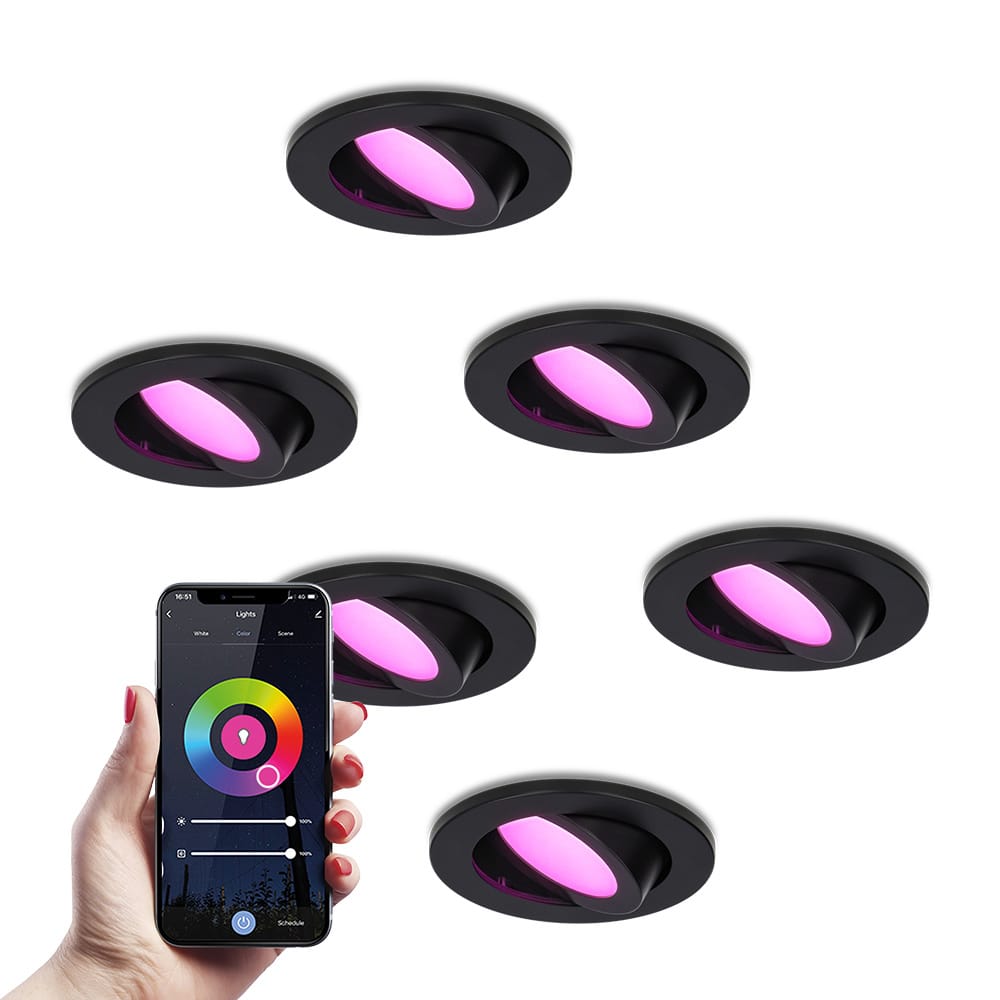 Set van 6 Vienna - Smart inbouwspot - IP65 waterdicht - 6 Watt 450 Lumen - Wifi + Bluetooth - RGBWW - GU10 - Google Home, Amazon Alexa en Siri - Voor binnen, buiten en badkamer - Zwart afbeelding