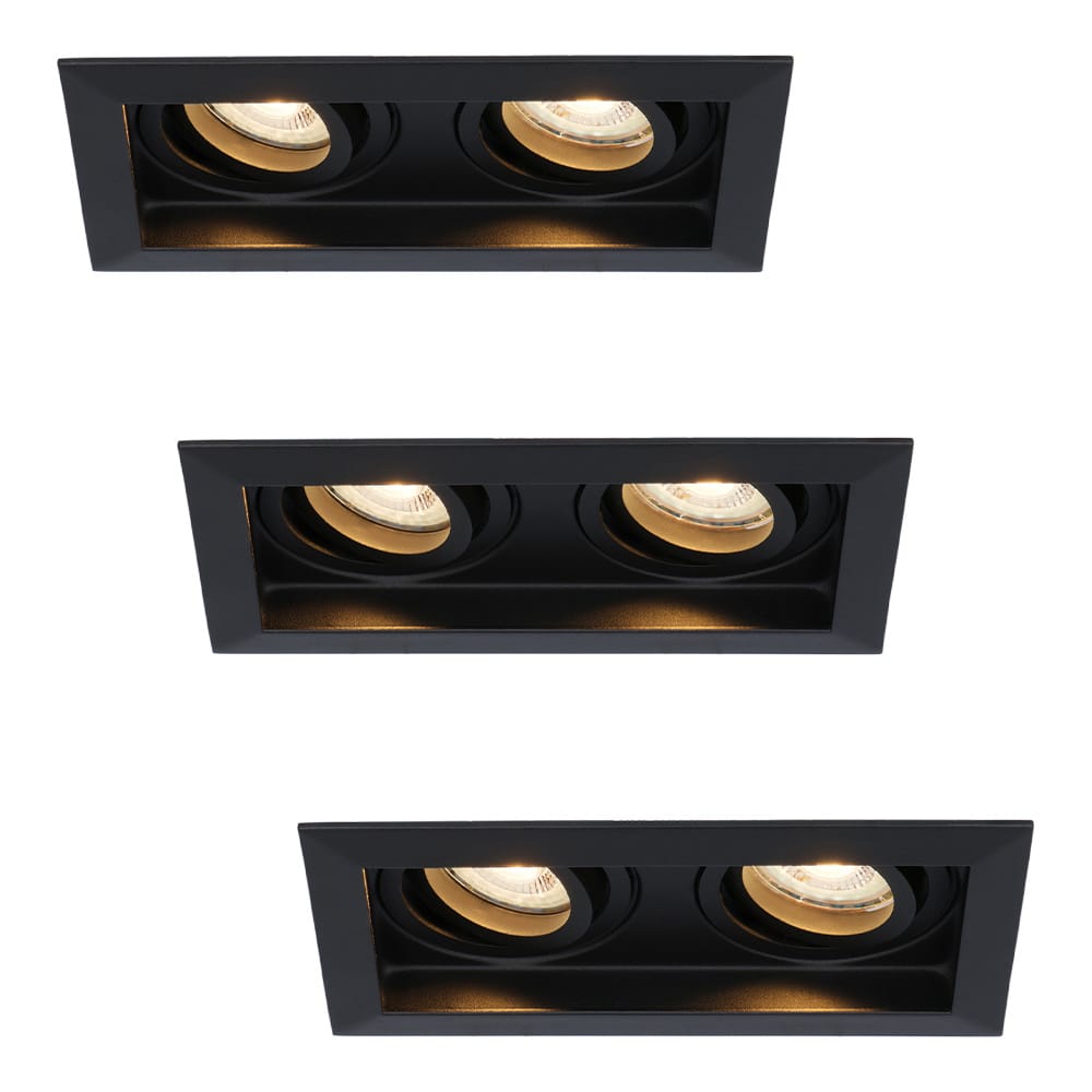 HOFTRONIC™ Set van 3 Durham Inbouwspots Dubbel Zwart - GU10 5 Watt 400 lumen - 2700K Warm wit - Kantelbaar - IP20 - Rechthoek