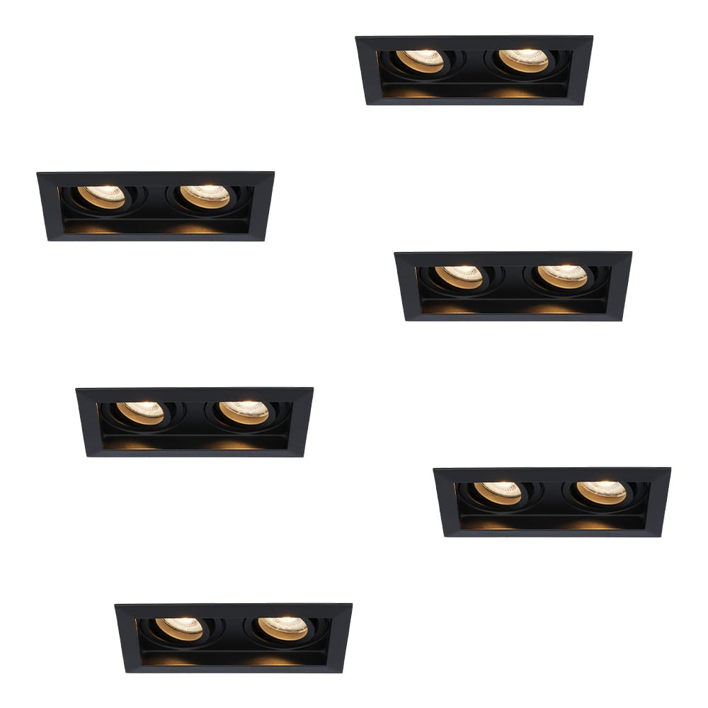 Set van 6 Durham LED Dubbele inbouwspots vierkant - 8 watt 690 lumen - 2700K Warm wit - GU10 - Dimbaar Kantelbaar - Voor binnen - Zwart afbeelding