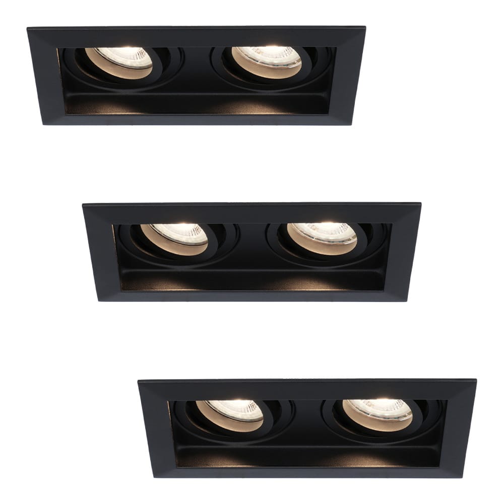Set van 3 Durham LED Dubbele inbouwspots vierkant - 10 Watt 800 lumen - 4000K neutraal wit - GU10 - Dimbaar Kantelbaar - Voor binnen - Zwart afbeelding