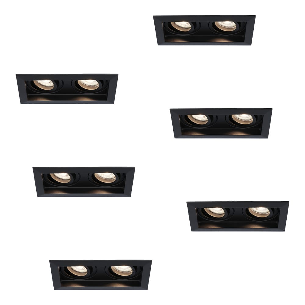 Set van 6 Durham LED Dubbele inbouwspots vierkant - 10 Watt 800 lumen - 4000K neutraal wit - GU10 - Dimbaar Kantelbaar - Voor binnen - Zwart afbeelding