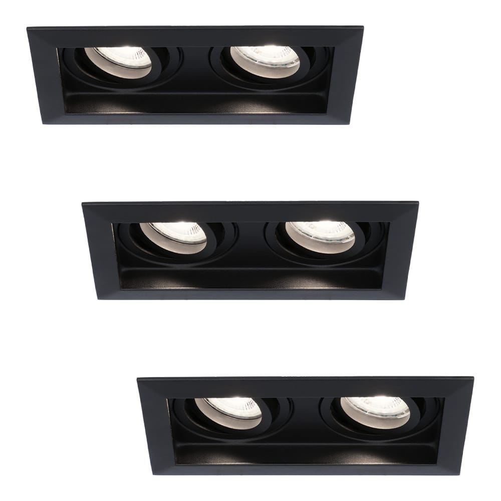 Set van 3 Durham LED Dubbele inbouwspots vierkant - 10 Watt 800 lumen - 6000K daglicht wit - GU10 - Dimbaar Kantelbaar - Voor binnen - Zwart afbeelding