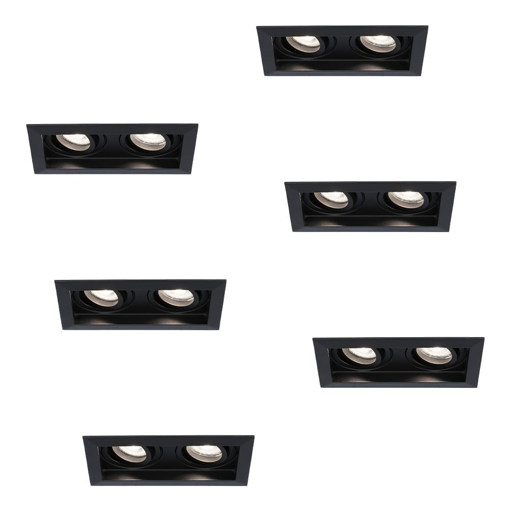 Set van 6 Durham LED Dubbele inbouwspots vierkant - 10 Watt 800 lumen - 6000K daglicht wit - GU10 - Dimbaar Kantelbaar - Voor binnen - Zwart afbeelding