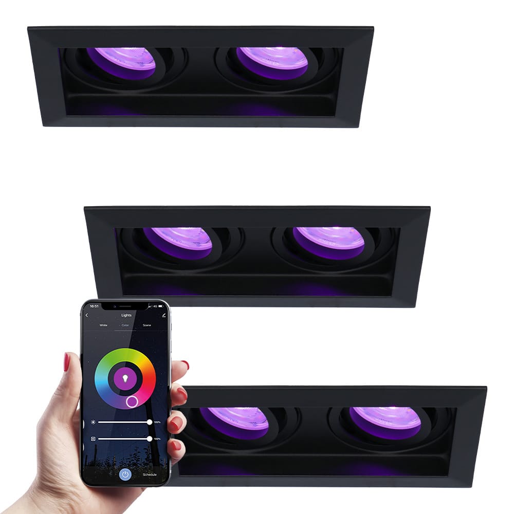 Set van 3 Durham Dubbel smart inbouwspots vierkant - Wifi + Bluetooth - RGBWW - GU10 11 Watt 670 Lumen - Kantelbaar - Google Home, Amazon Alexa en Siri - Zwart afbeelding