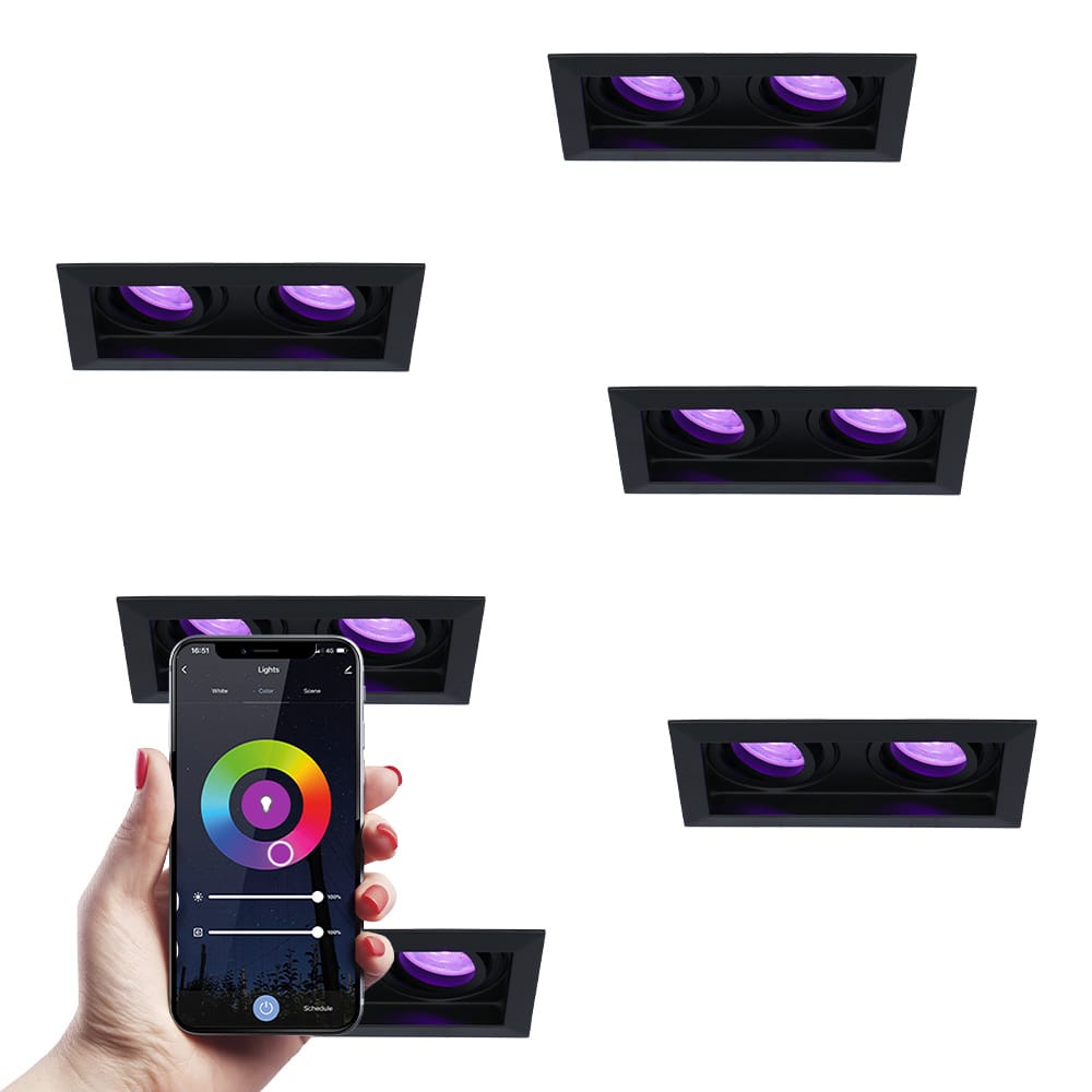 Set van 6 Durham Dubbel smart inbouwspots Vierkant - Wifi + Bluetooth - RGBWW - GU10 11 Watt 670 Lumen - Kantelbaar - Google Home, Amazon Alexa en Siri - Zwart afbeelding