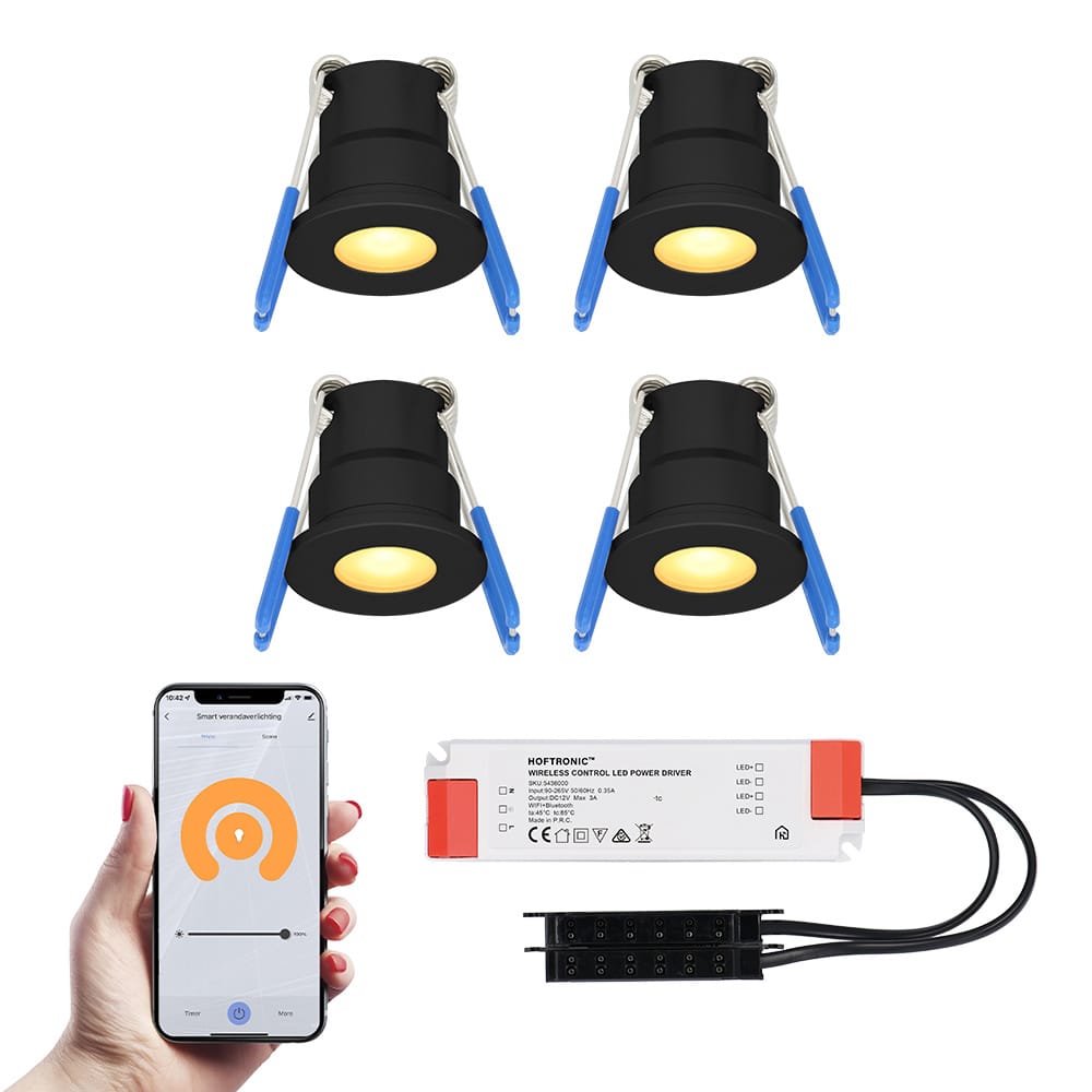 Set van 4 Milano Smart LED Mini Inbouwspots Veranda spots 12V 3W 200lm Dimbaar Wifi Bluetooth 2700K IP65 waterdicht Zwart