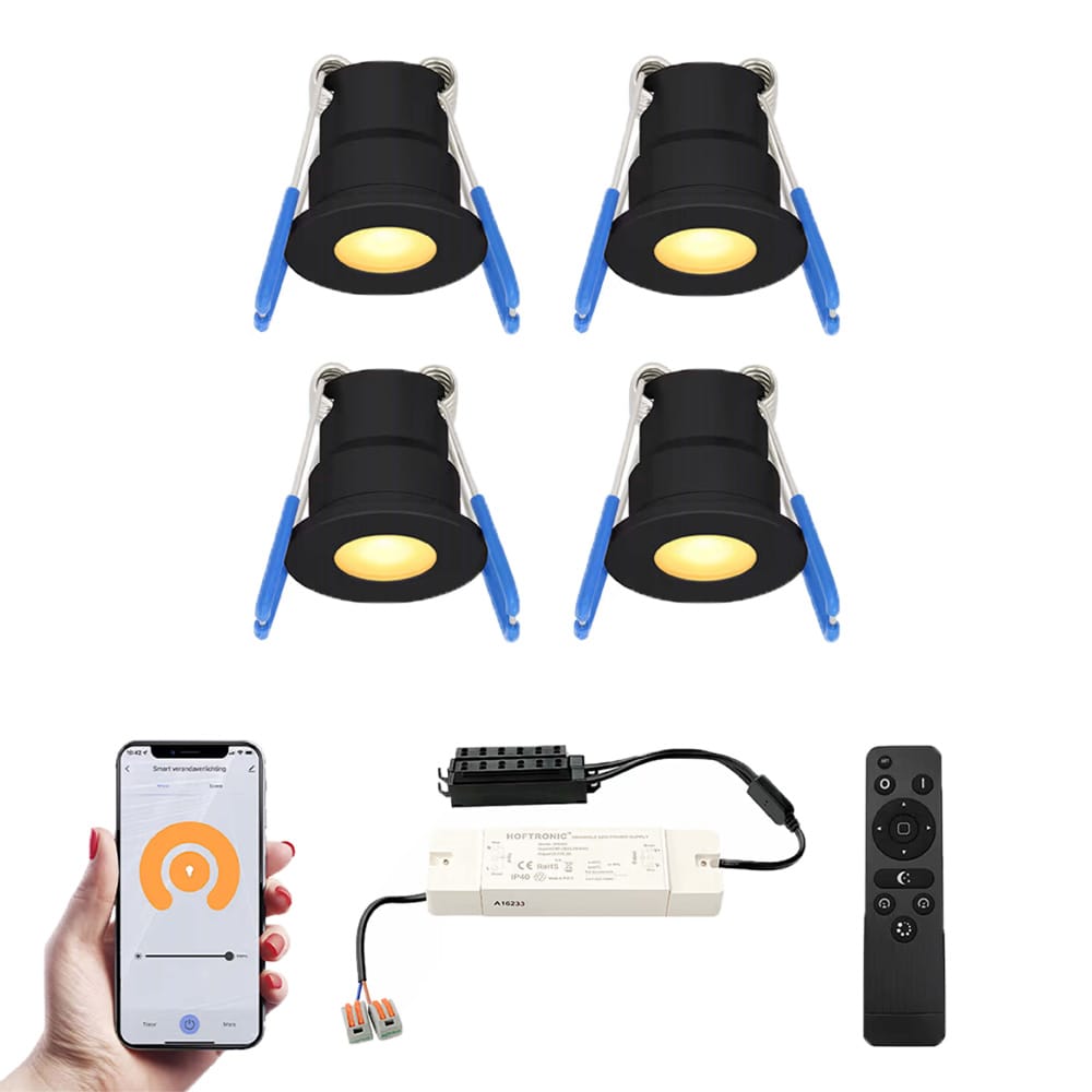 Set van 4 Milano Smart LED Mini Inbouwspots Veranda spots 12V 3W 200lm Dimbaar Wifi Bluetooth 2700K IP65 waterdicht Zwart